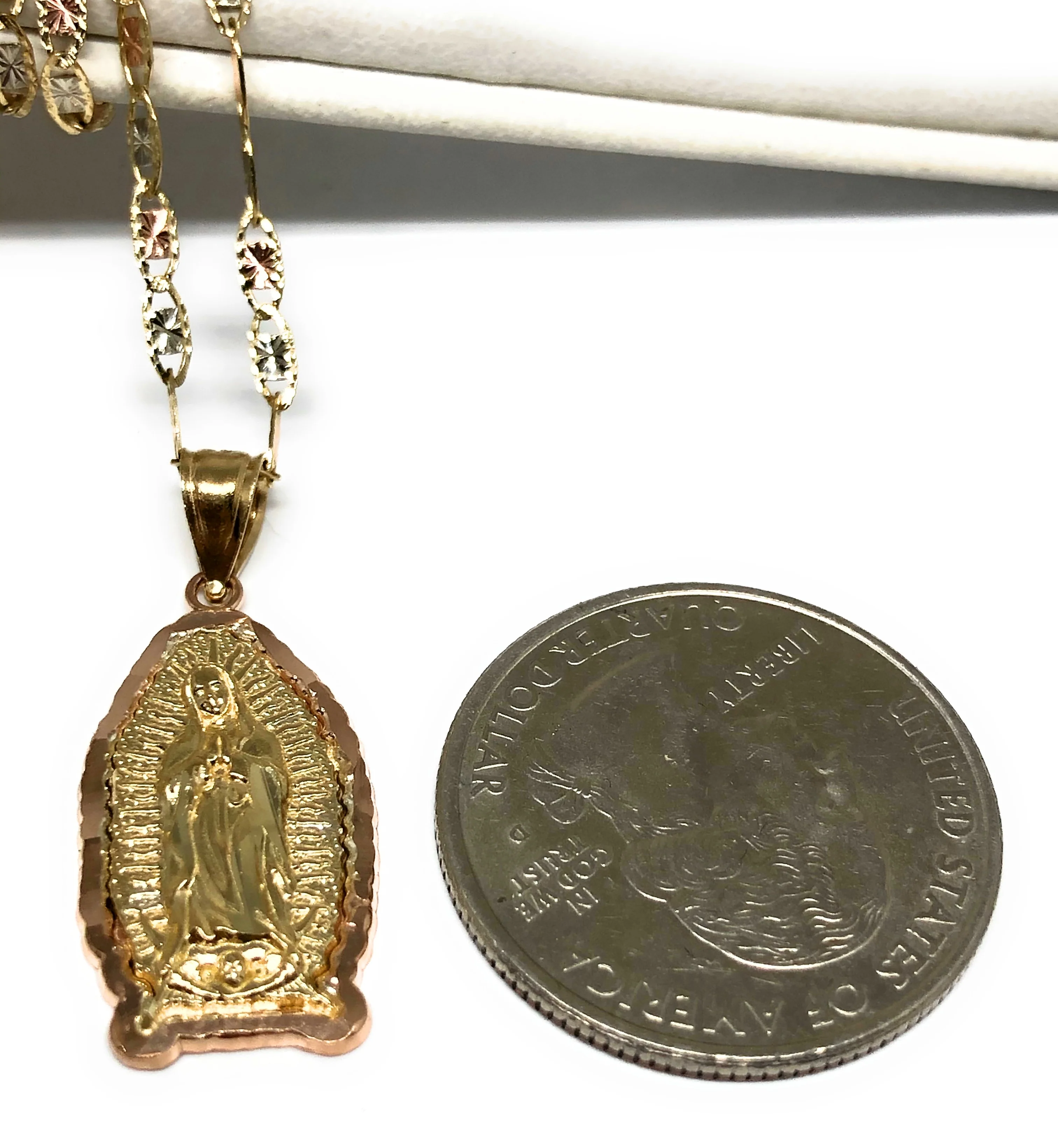 14k Solid Gold Yellow & Rose Virrgin Mary Pendant Virrgen Guadalupe Valentina Chain - Image 2