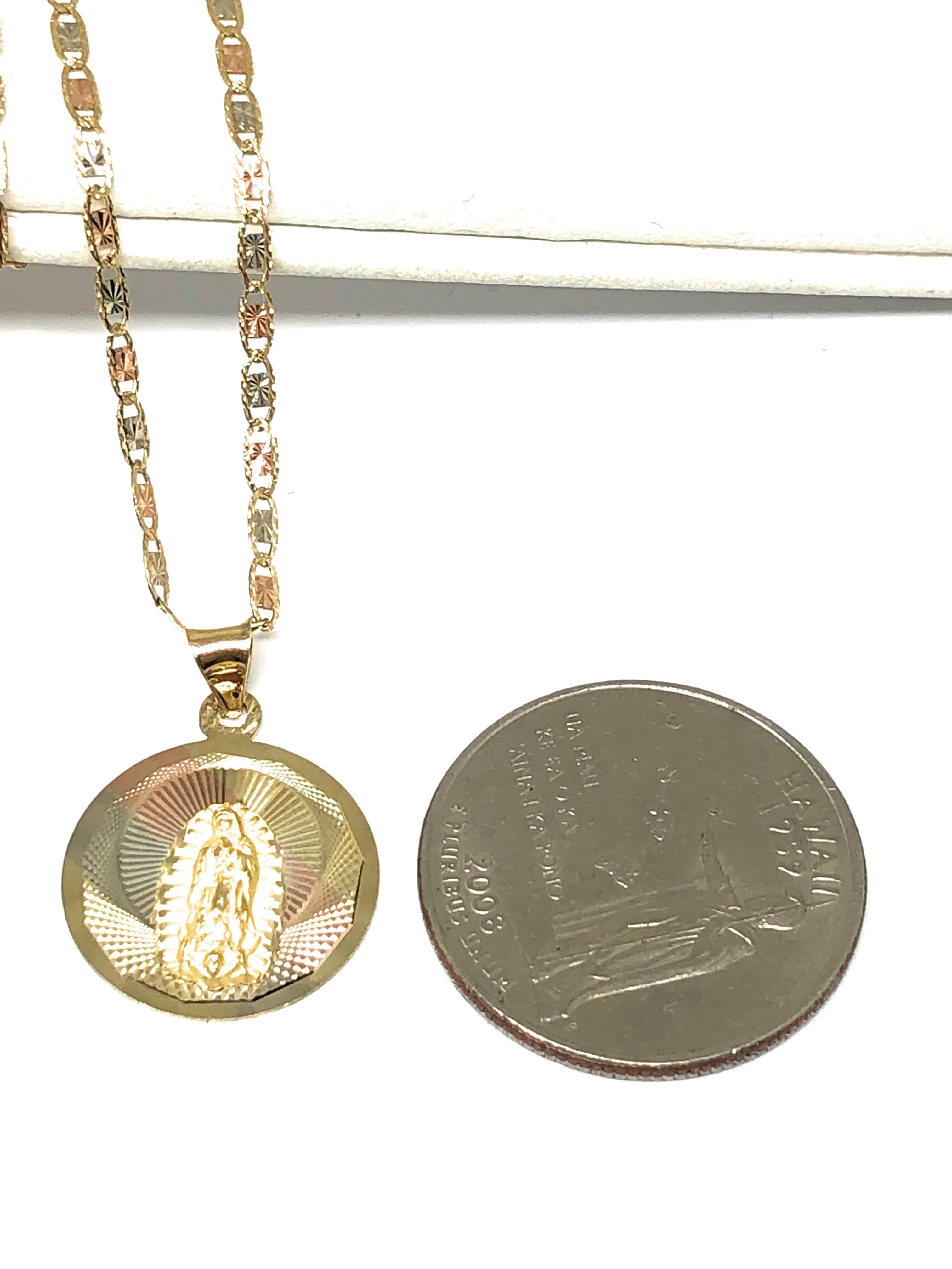 14k Solid Gold Tri-Color Virrgin Mary Round Pendant Virrgen Guadalupe Valentina Chain (SM, XS) - Image 2