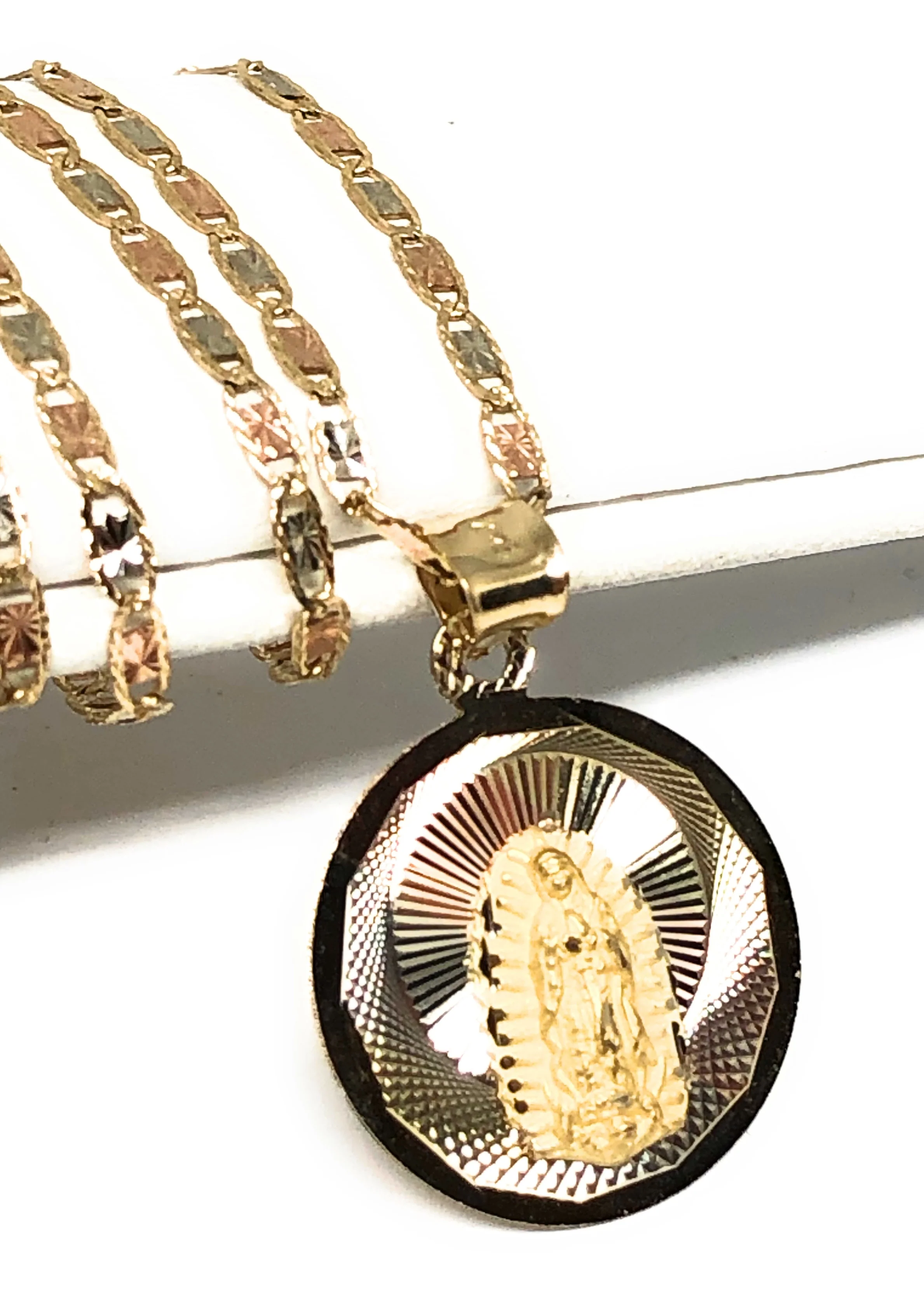 14k Solid Gold Tri-Color Virrgin Mary Round Pendant Virrgen Guadalupe Valentina Chain (SM, XS) - Image 3