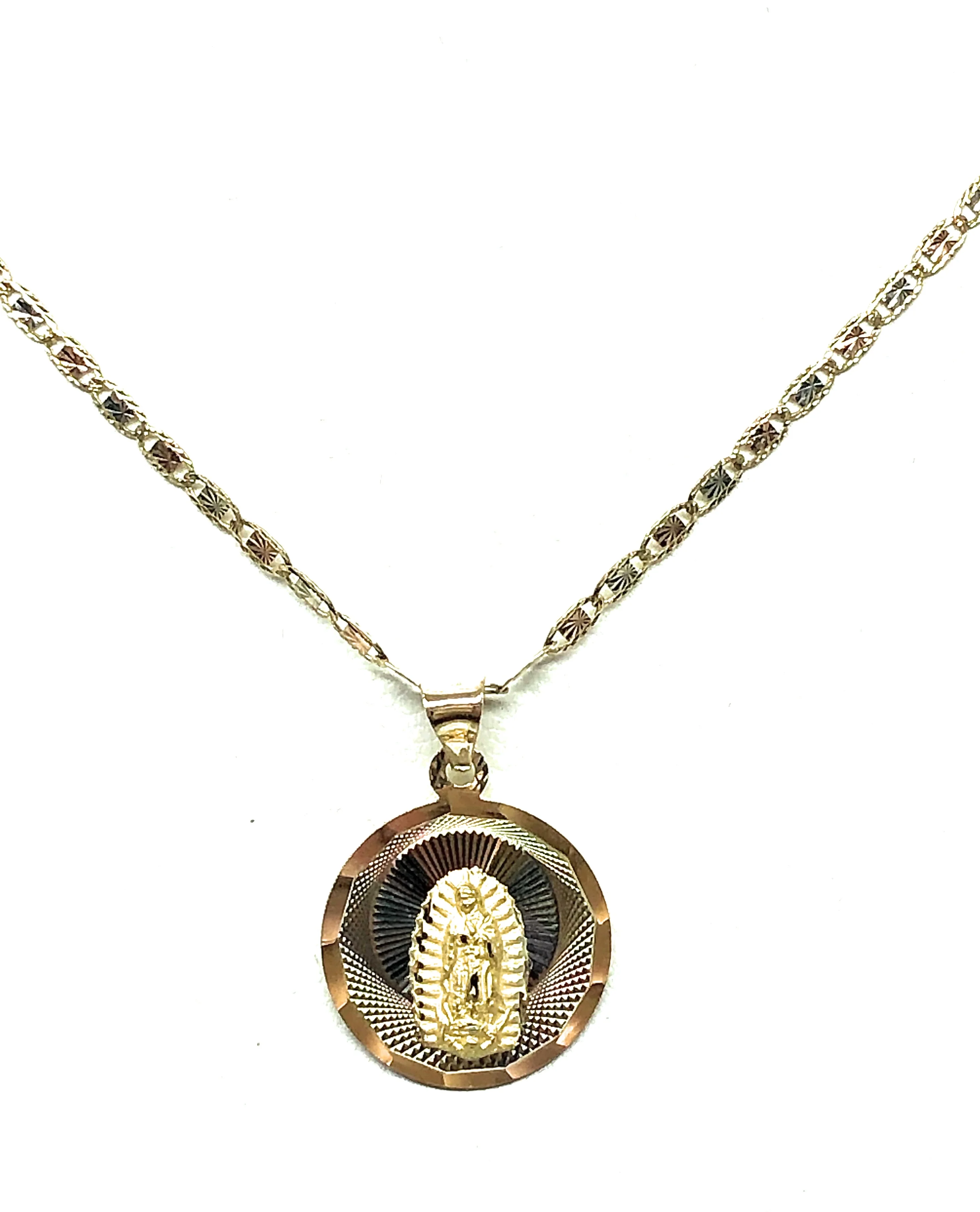 14k Solid Gold Tri-Color Virrgin Mary Round Pendant Virrgen Guadalupe Valentina Chain (SM, XS) - Image 4