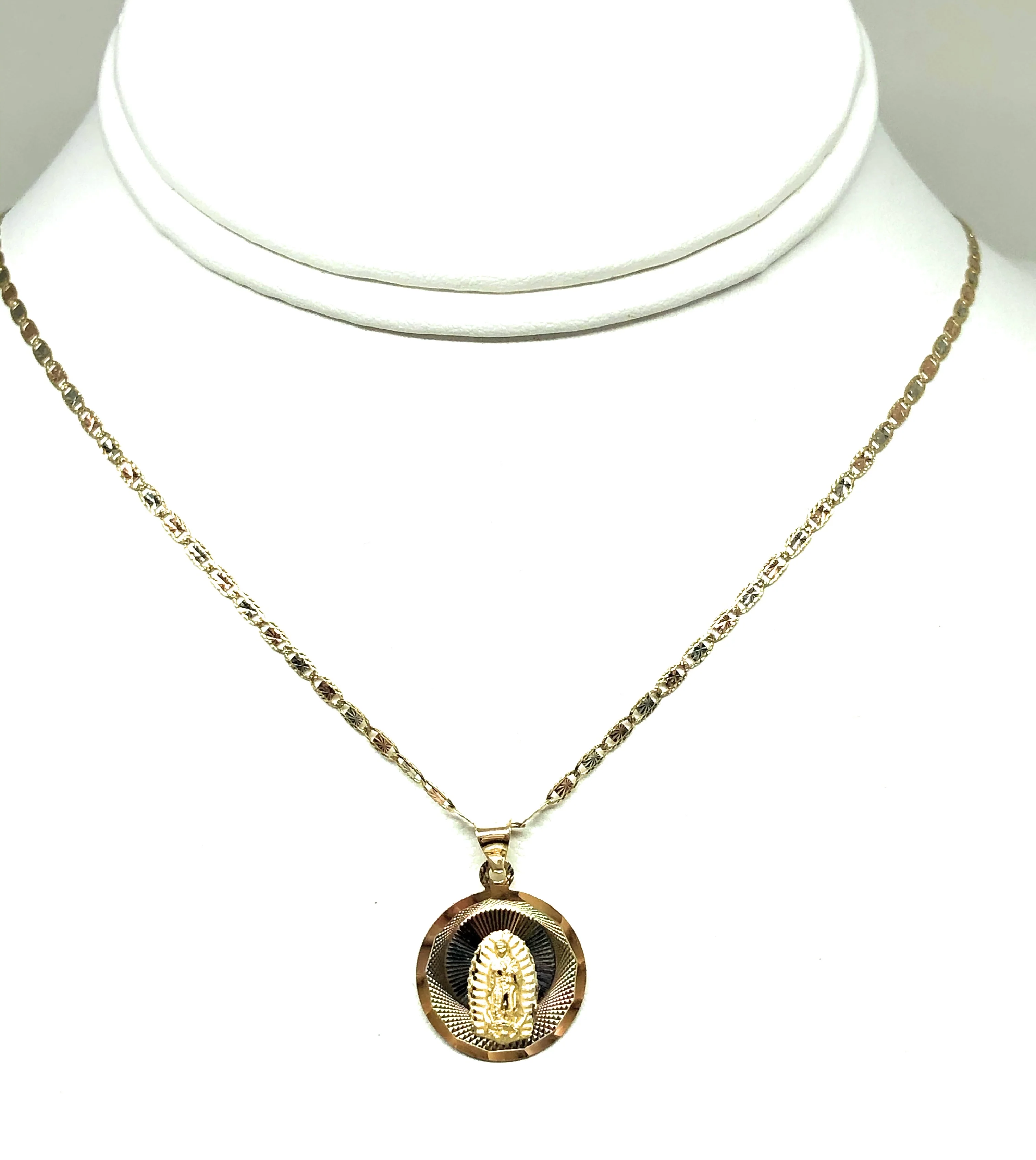 14k Solid Gold Tri-Color Virrgin Mary Round Pendant Virrgen Guadalupe Valentina Chain (SM, XS) - Image 5