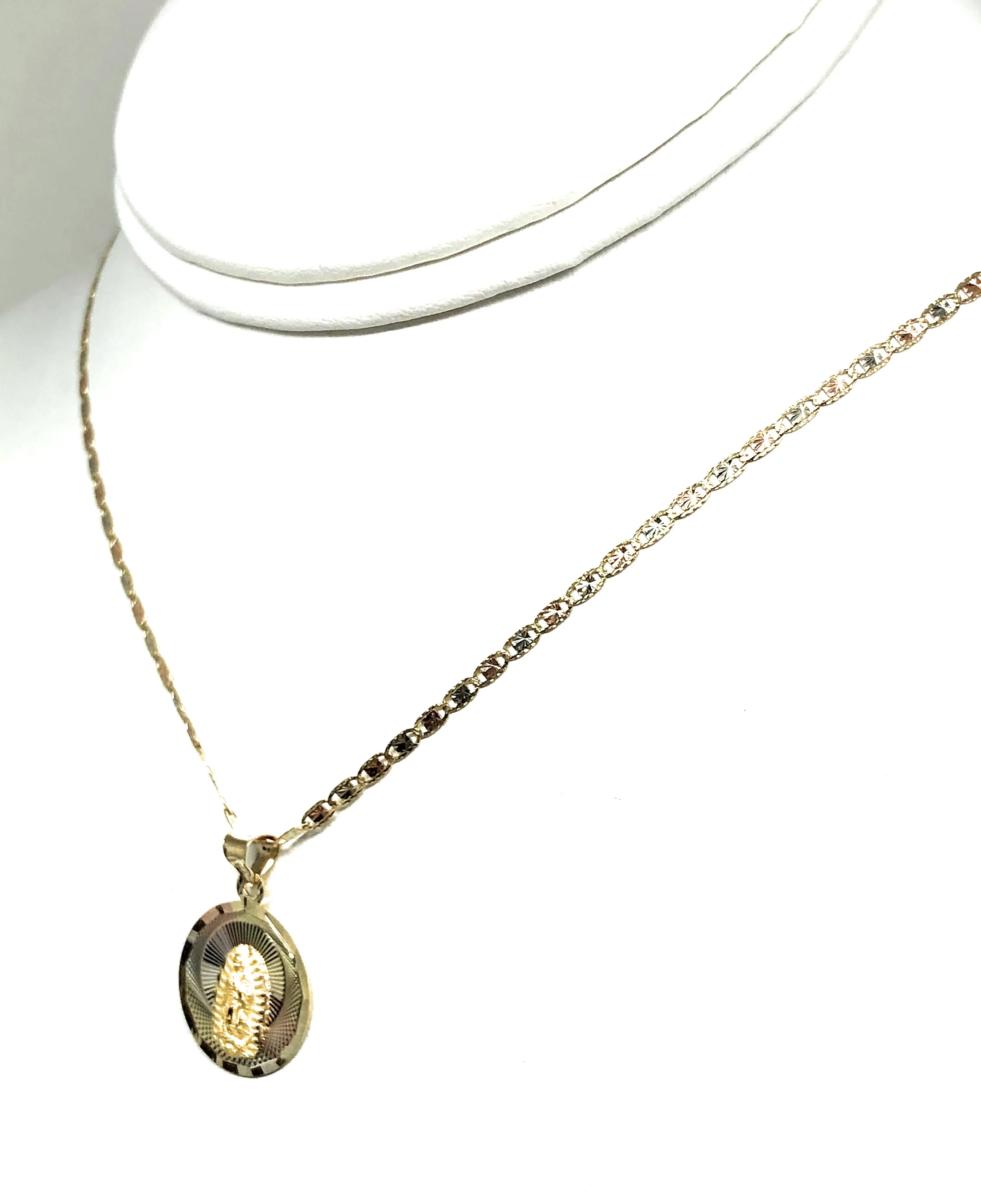 14k Solid Gold Tri-Color Virrgin Mary Round Pendant Virrgen Guadalupe Valentina Chain (SM, XS) - Image 7