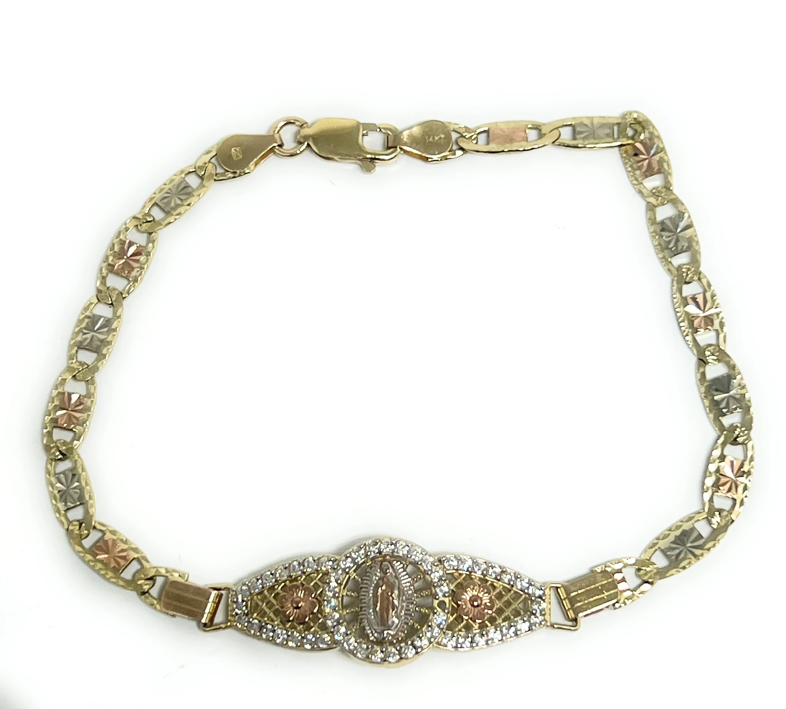 14k Solid Gold Tri-Color Virrgin Mary VALENTINA Brracelet 7 inch Virrgen Guadalupe - Image 5