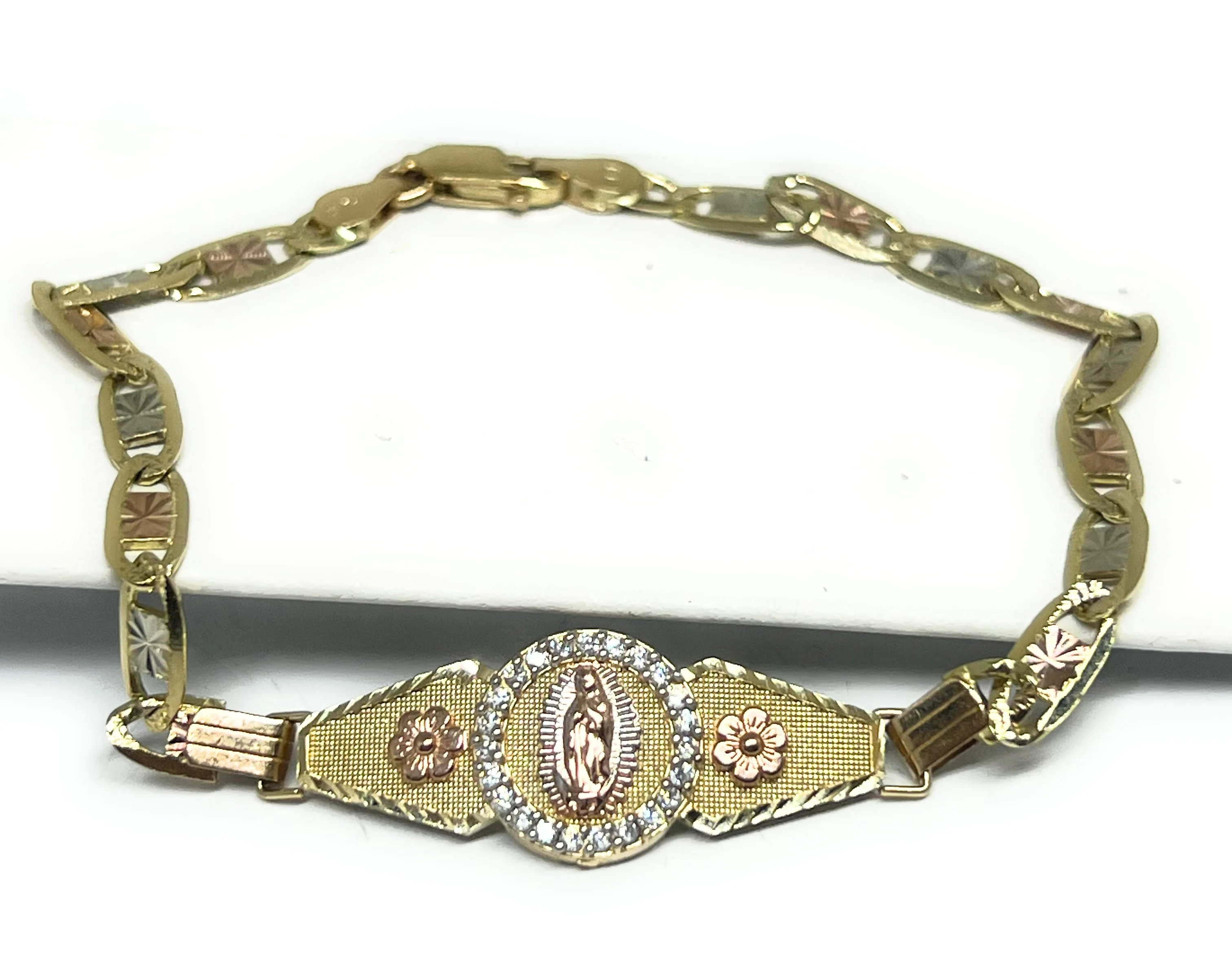 14k Solid Gold Tri-Color Virrgin Mary VALENTINA Brracelet 7 inch Virrgen Guadalupe
