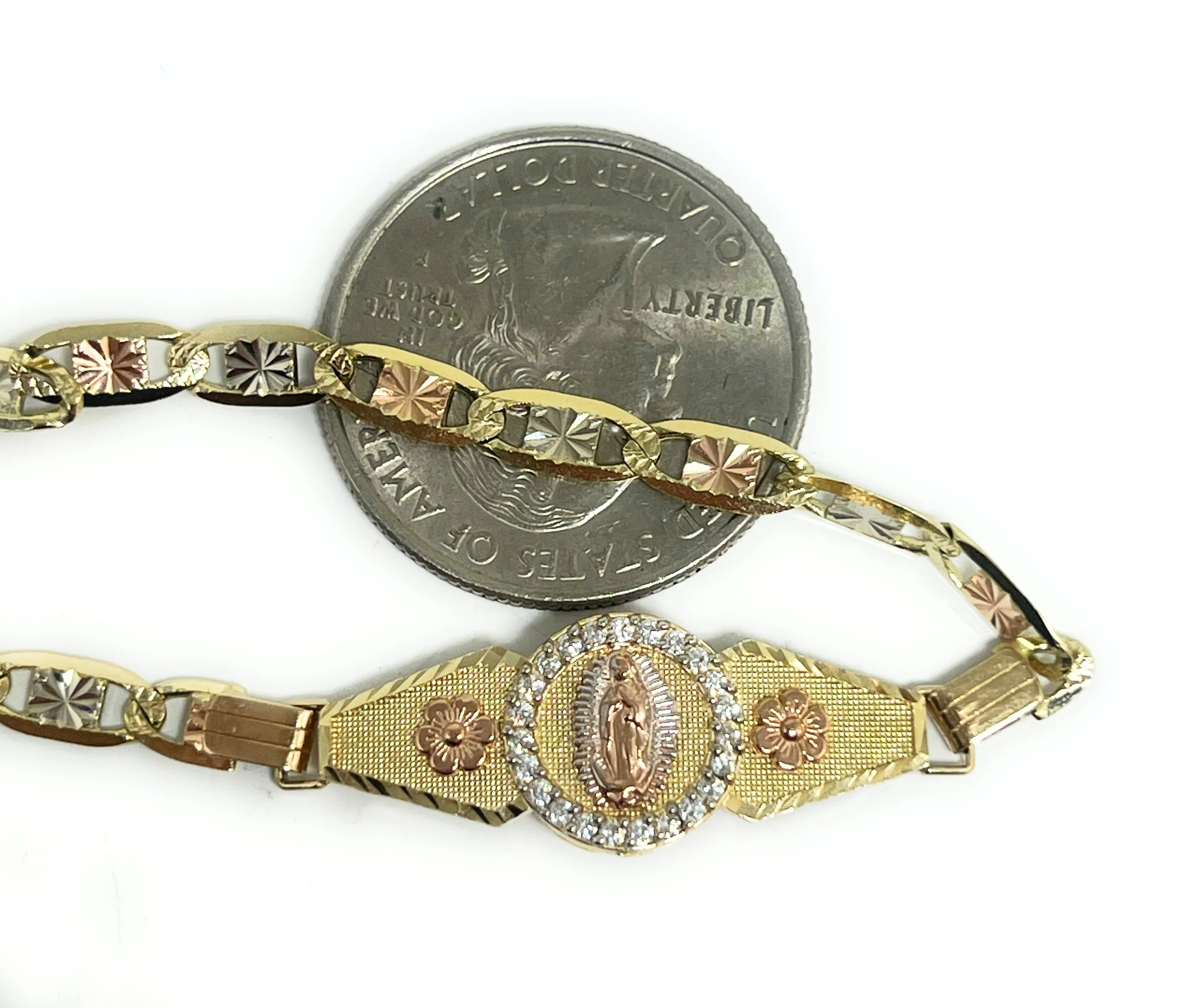 14k Solid Gold Tri-Color Virrgin Mary VALENTINA Brracelet 7 inch Virrgen Guadalupe - Image 2