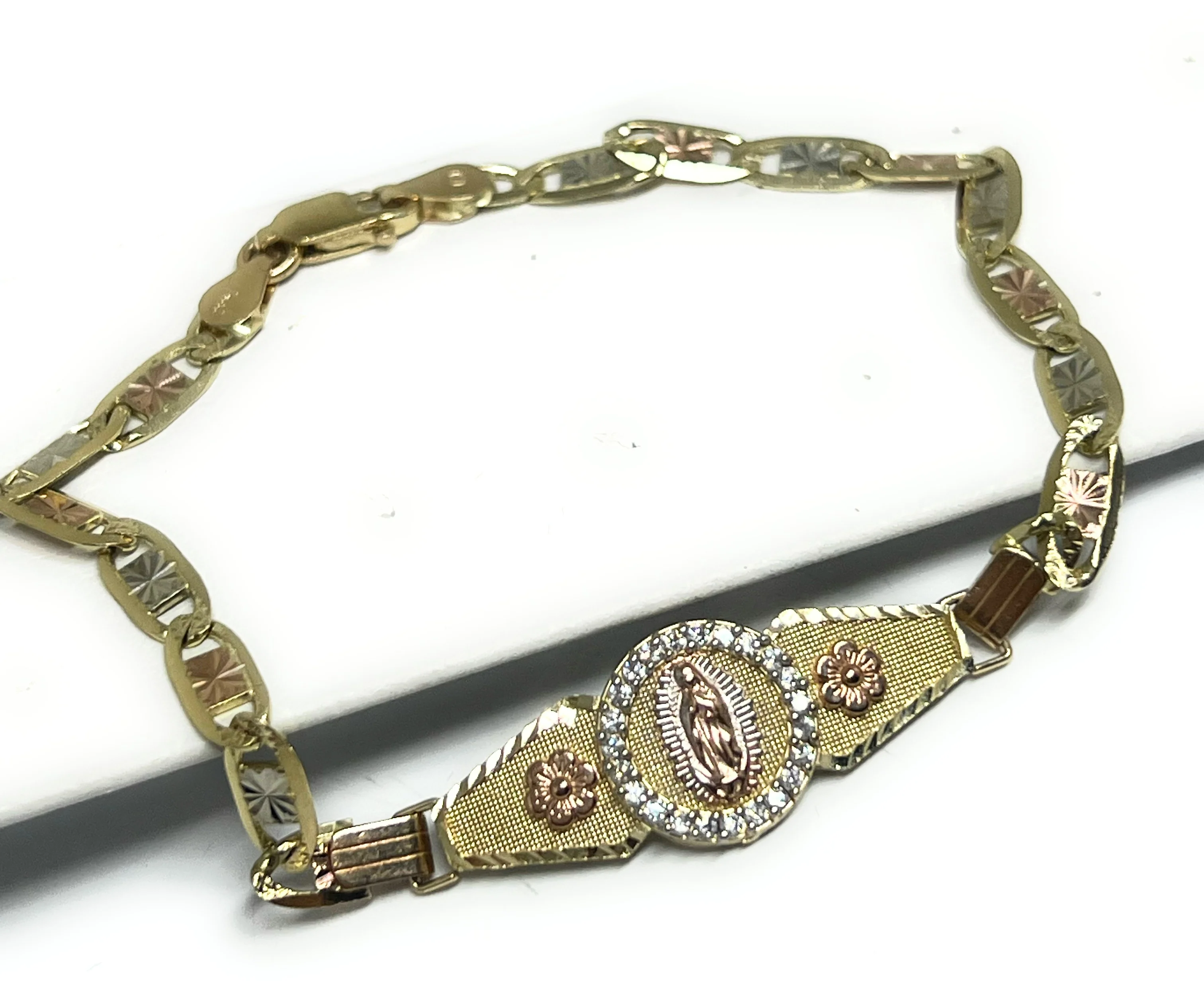 14k Solid Gold Tri-Color Virrgin Mary VALENTINA Brracelet 7 inch Virrgen Guadalupe - Image 3