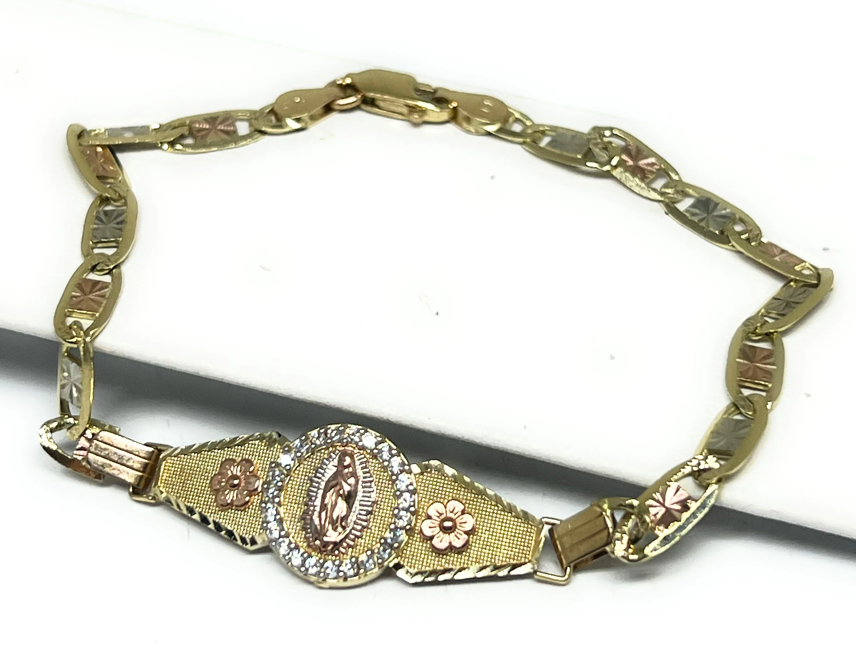 14k Solid Gold Tri-Color Virrgin Mary VALENTINA Brracelet 7 inch Virrgen Guadalupe - Image 4