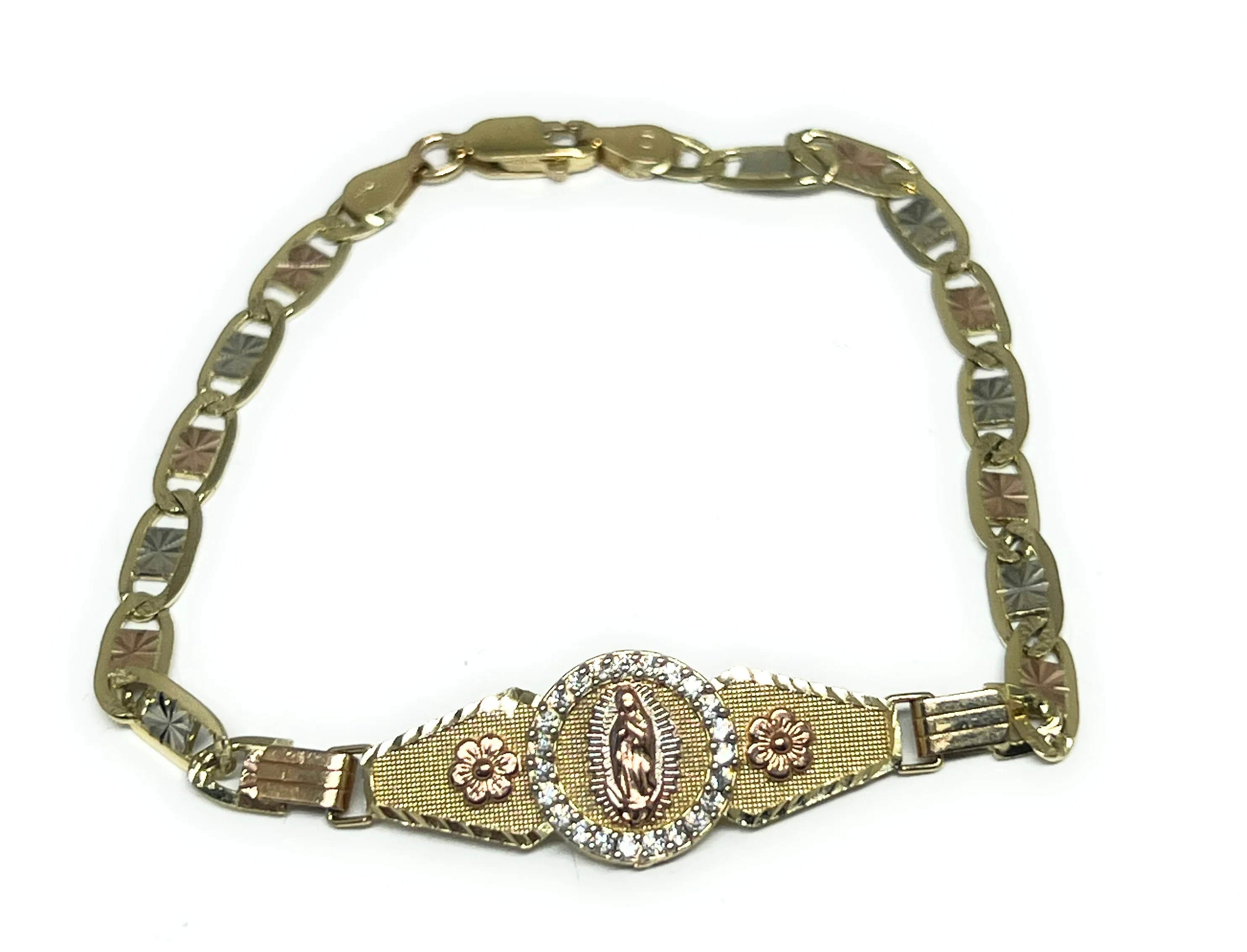 14k Solid Gold Tri-Color Virrgin Mary VALENTINA Brracelet 7 inch Virrgen Guadalupe - Image 5