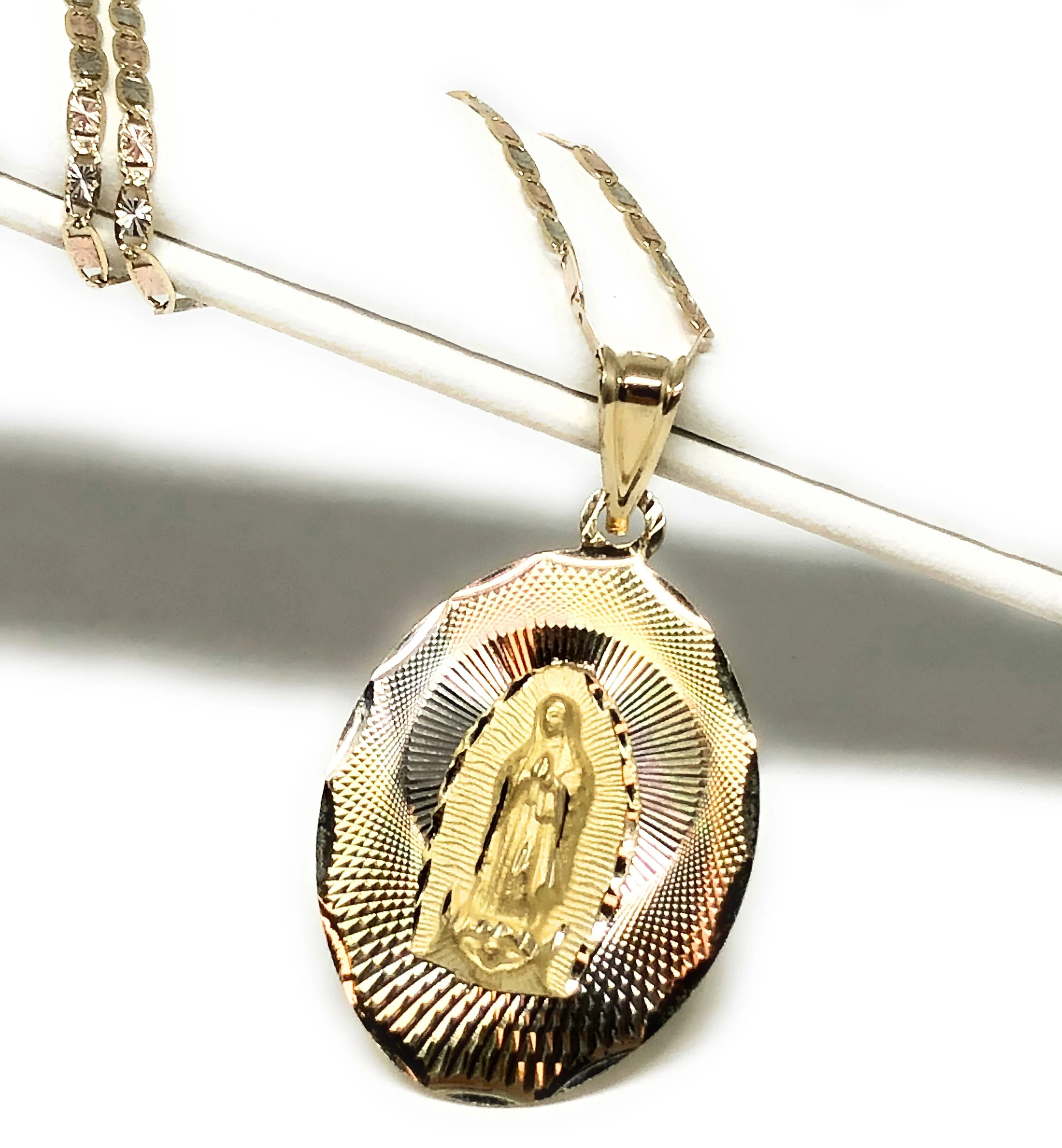 14k Solid Gold Tri-Color Virrgin Mary Pendant Virrgen Guadalupe Valentina Chain (LG, MED) - Image 3