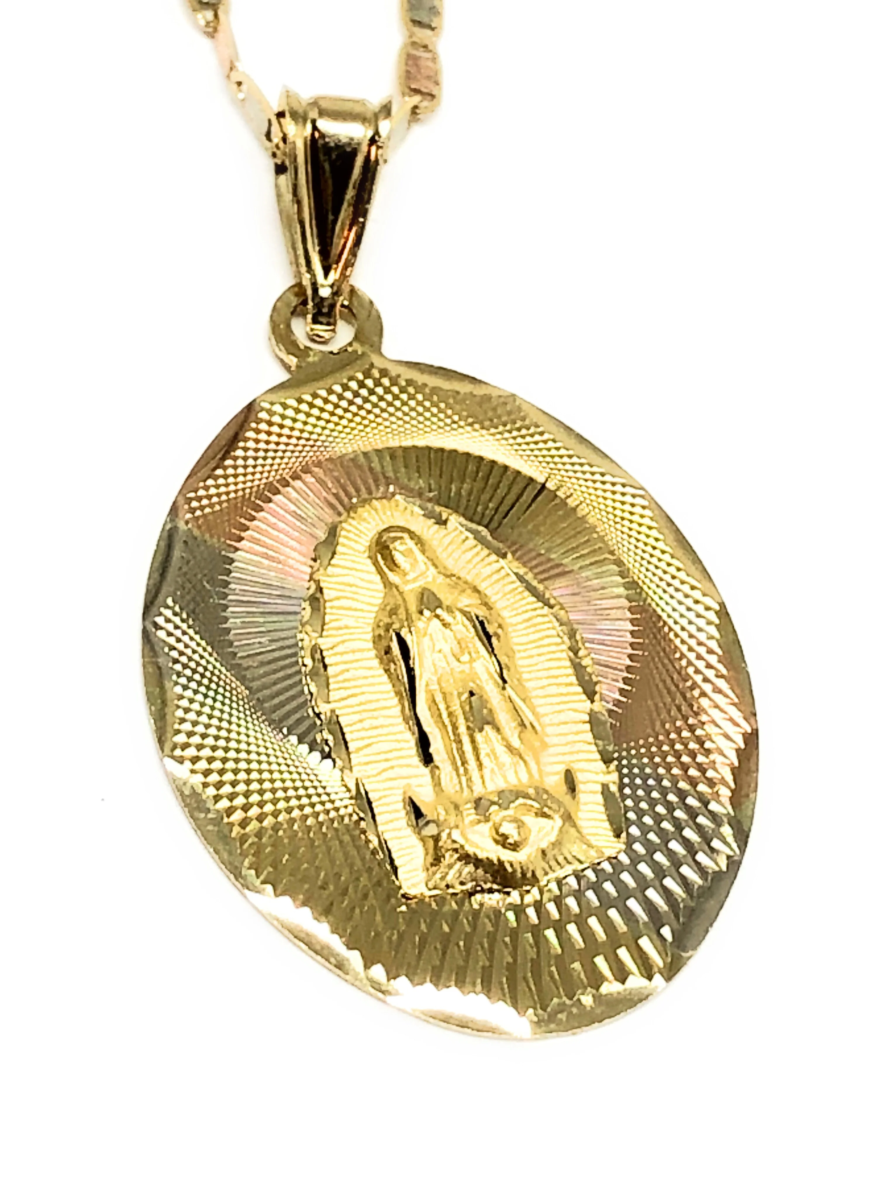 14k Solid Gold Tri-Color Virrgin Mary Pendant Virrgen Guadalupe Valentina Chain (LG, MED) - Image 4