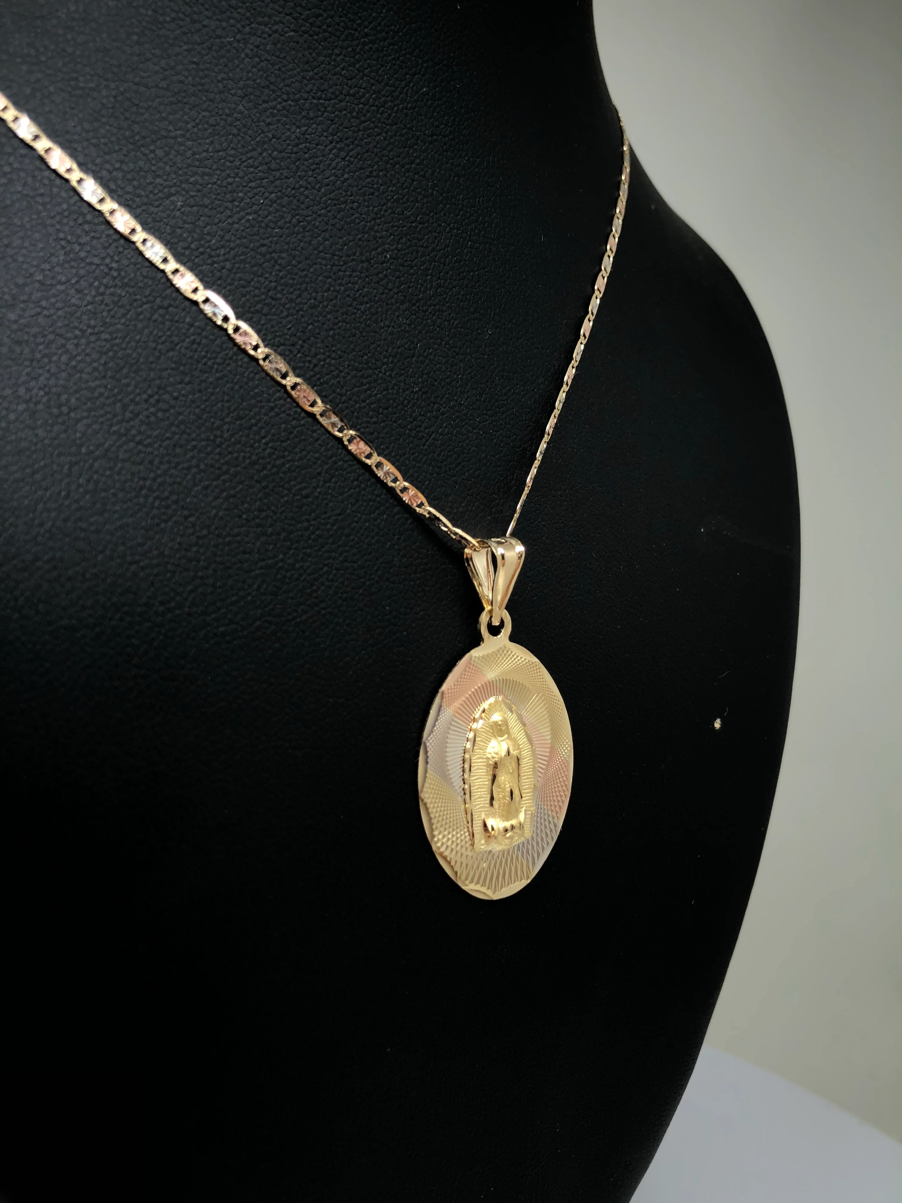 14k Solid Gold Tri-Color Virrgin Mary Pendant Virrgen Guadalupe Valentina Chain (LG, MED) - Image 7
