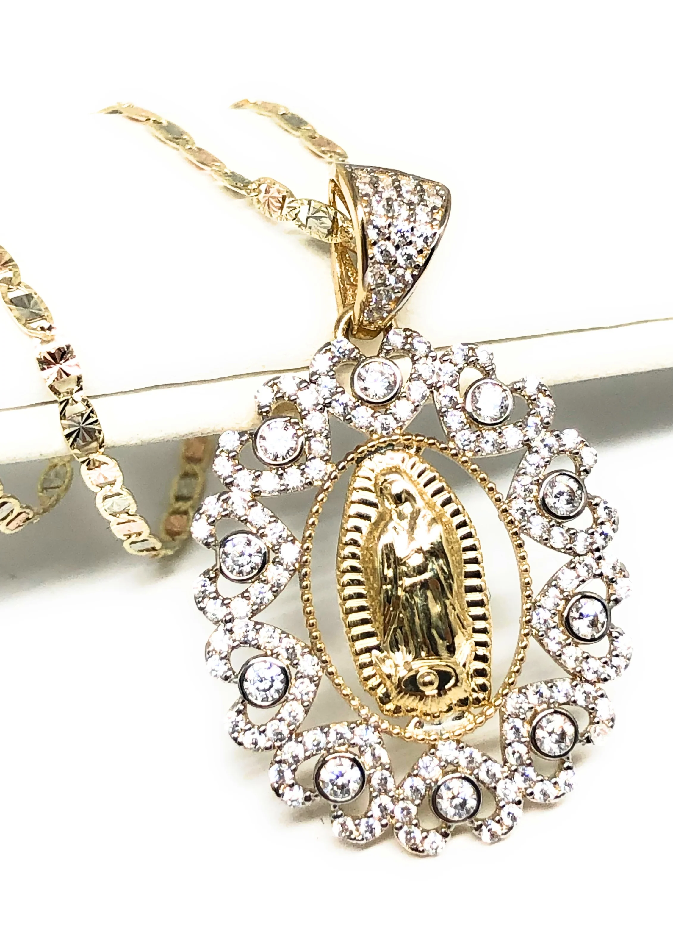 14k Solid Gold Virrgin Mary Fancy Elegant CZ Pendant Virrgen Guadalupe Valentina Chain