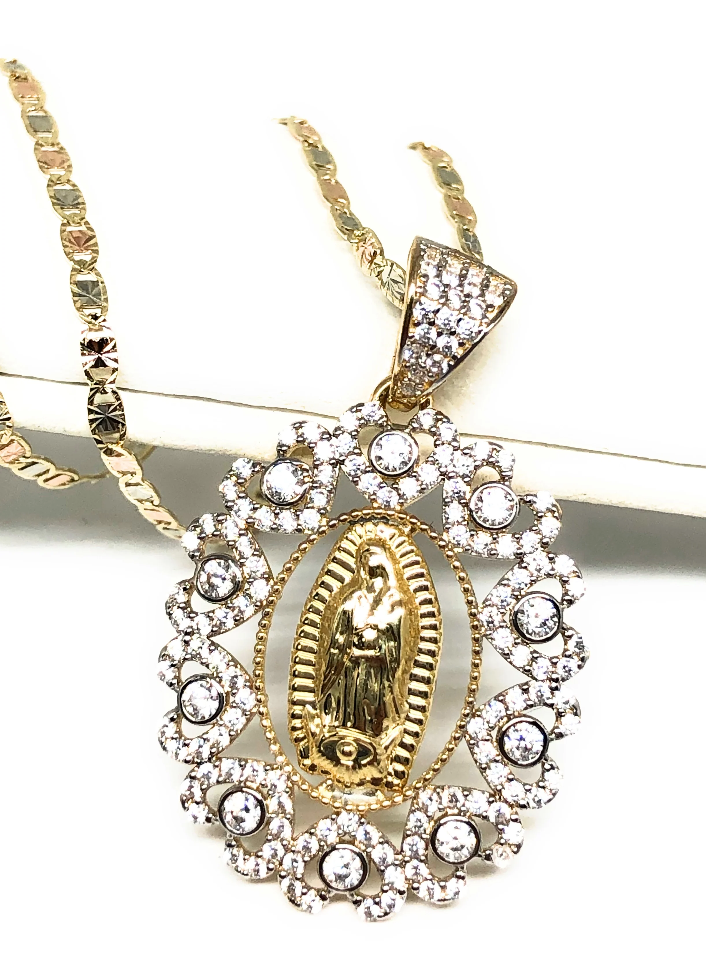 14k Solid Gold Virrgin Mary Fancy Elegant CZ Pendant Virrgen Guadalupe Valentina Chain - Image 3
