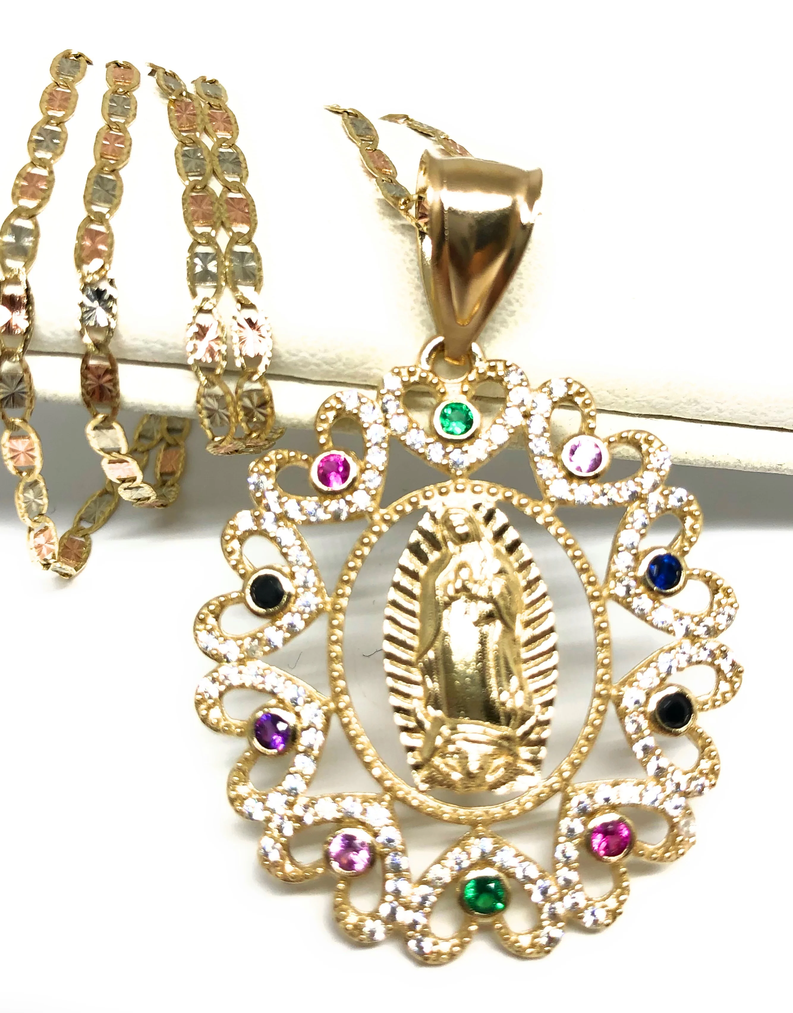 14k Solid Gold Virrgin Mary Colorful Fancy Elegant CZ Pendant  Virrgen Guadalupe Valentina Chain