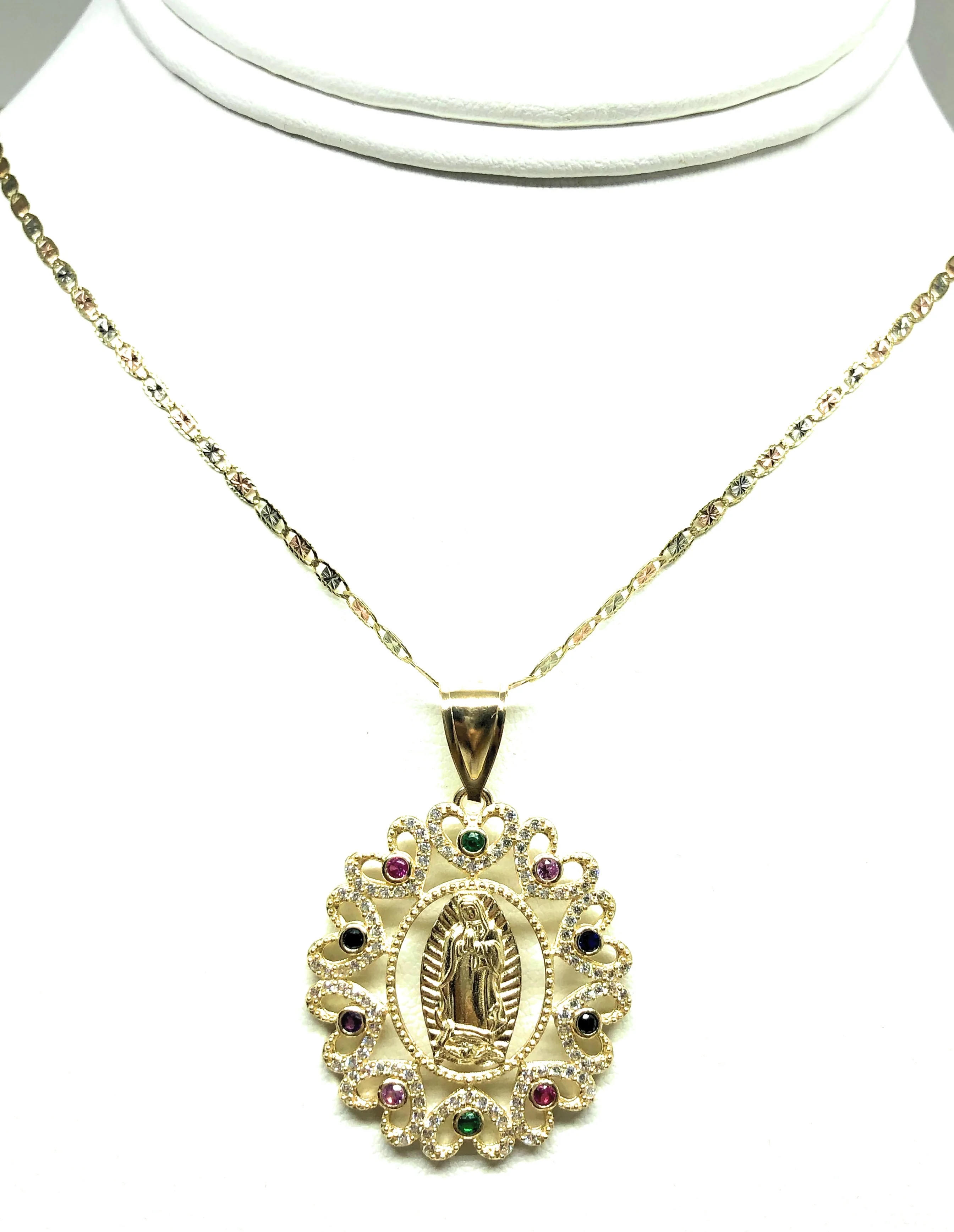 14k Solid Gold Virrgin Mary Colorful Fancy Elegant CZ Pendant  Virrgen Guadalupe Valentina Chain - Image 5