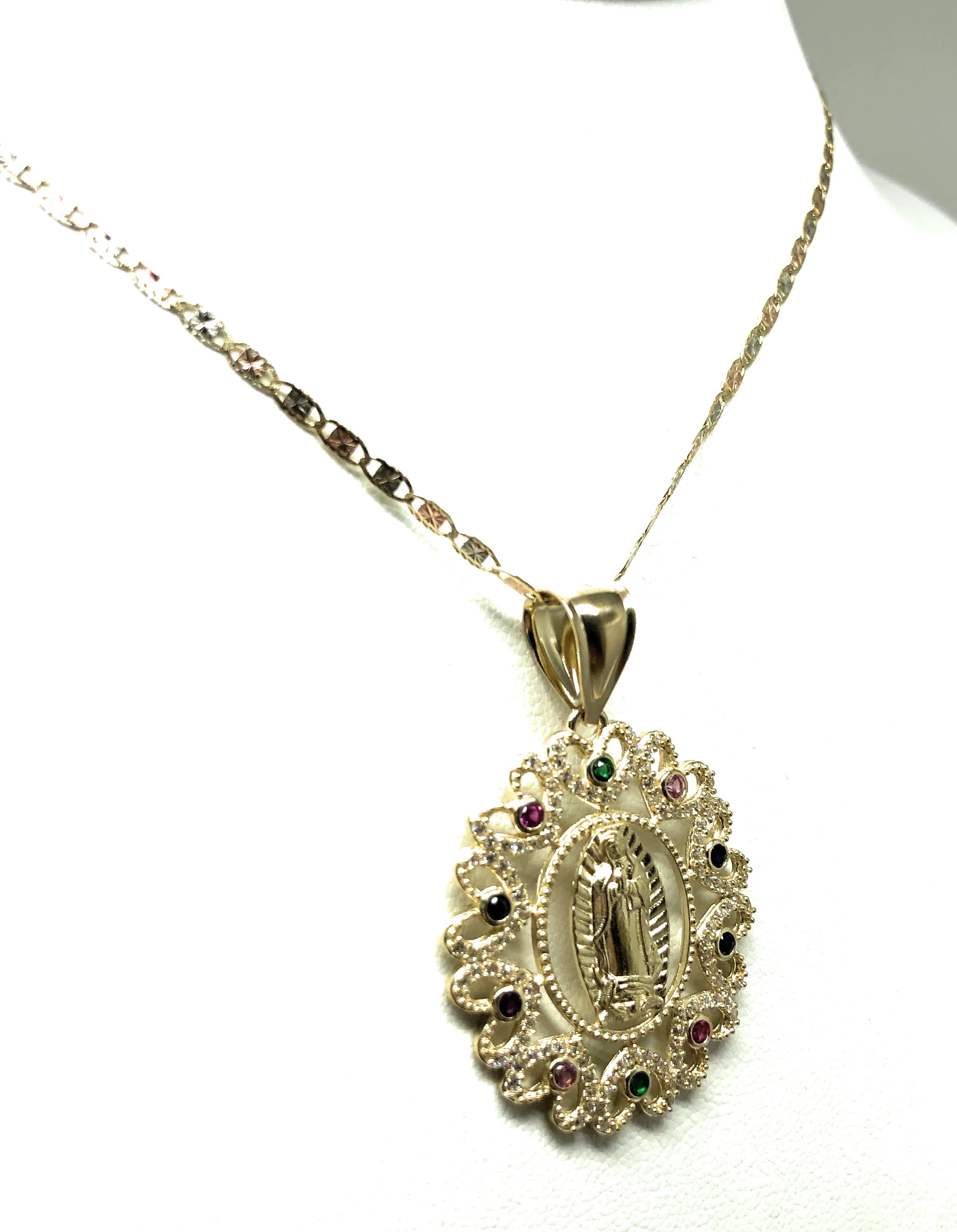 14k Solid Gold Virrgin Mary Colorful Fancy Elegant CZ Pendant  Virrgen Guadalupe Valentina Chain - Image 6