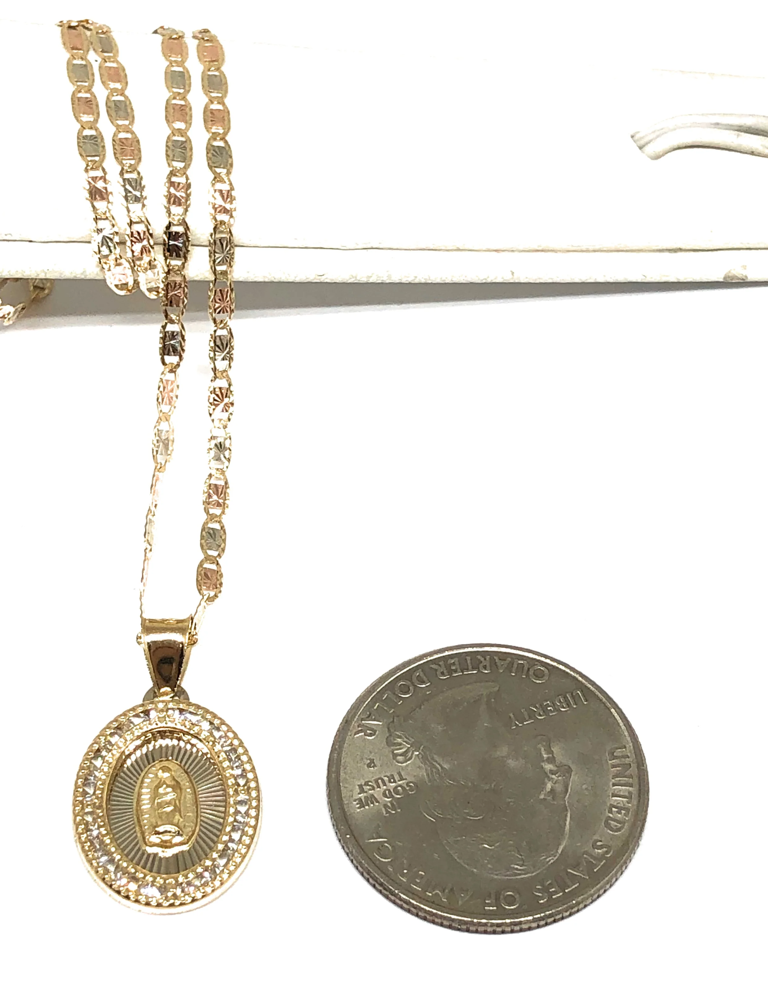 14k Solid Gold Virrgin Mary CZ Pendant Necklace Virrgen Gaudalupe Valentina Chain - Image 2