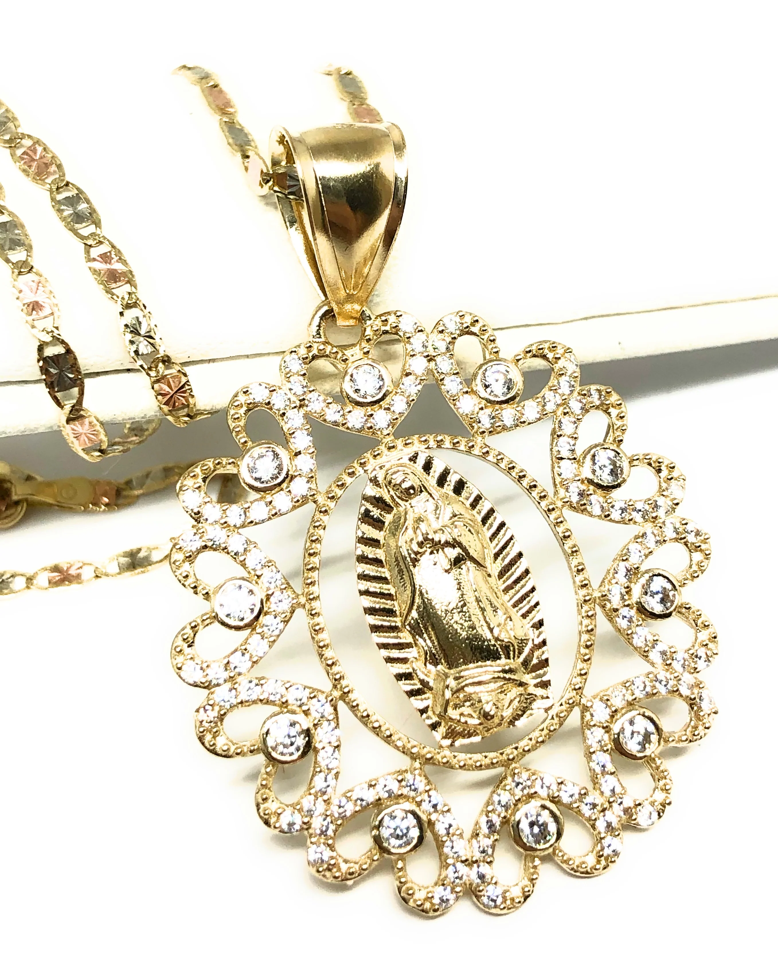 14k Solid Gold Virrgin Mary Fancy Elegant CZ Pendant  Virrgen Guadalupe Valentina Chain - Image 3