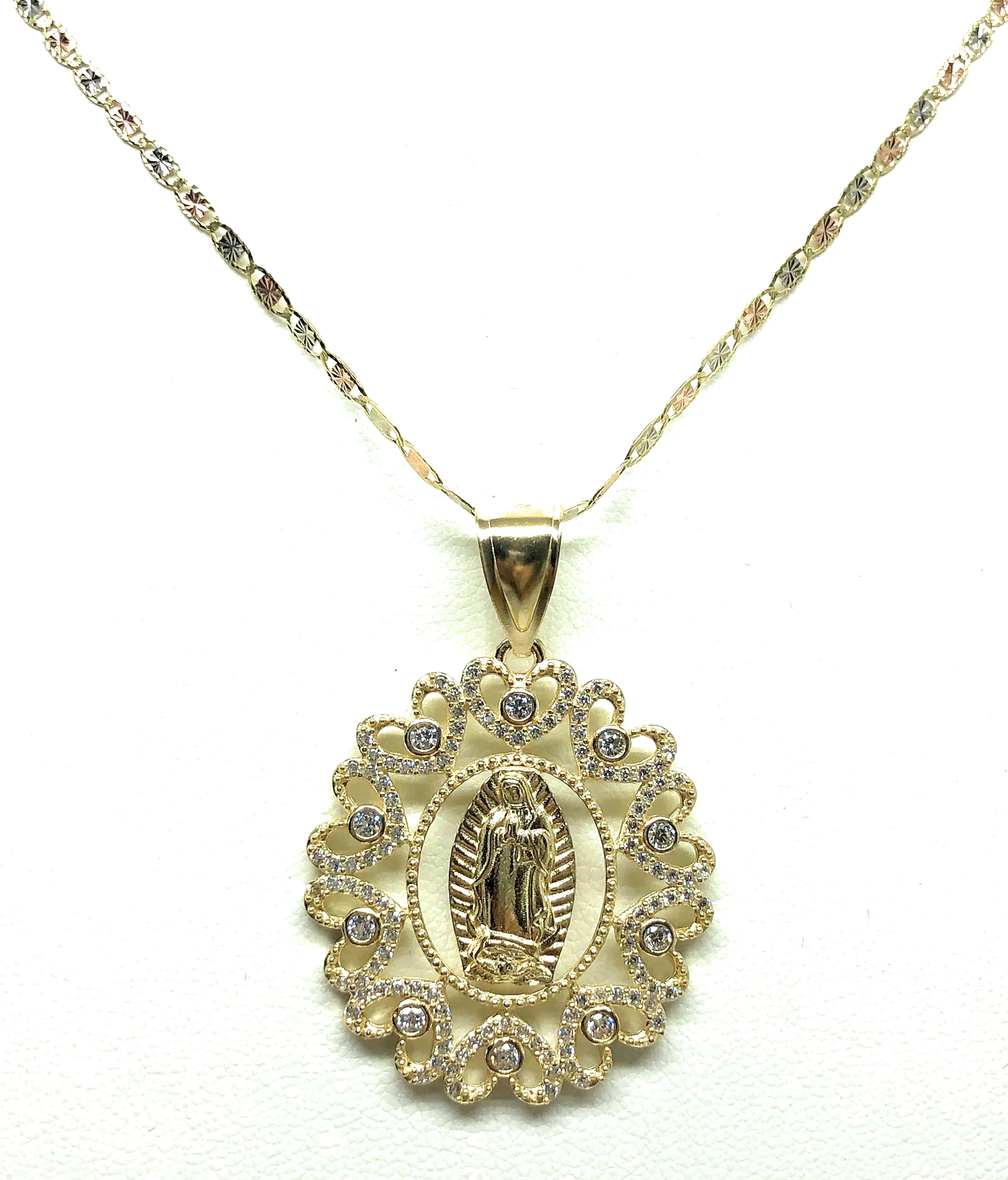 14k Solid Gold Virrgin Mary Fancy Elegant CZ Pendant  Virrgen Guadalupe Valentina Chain - Image 4