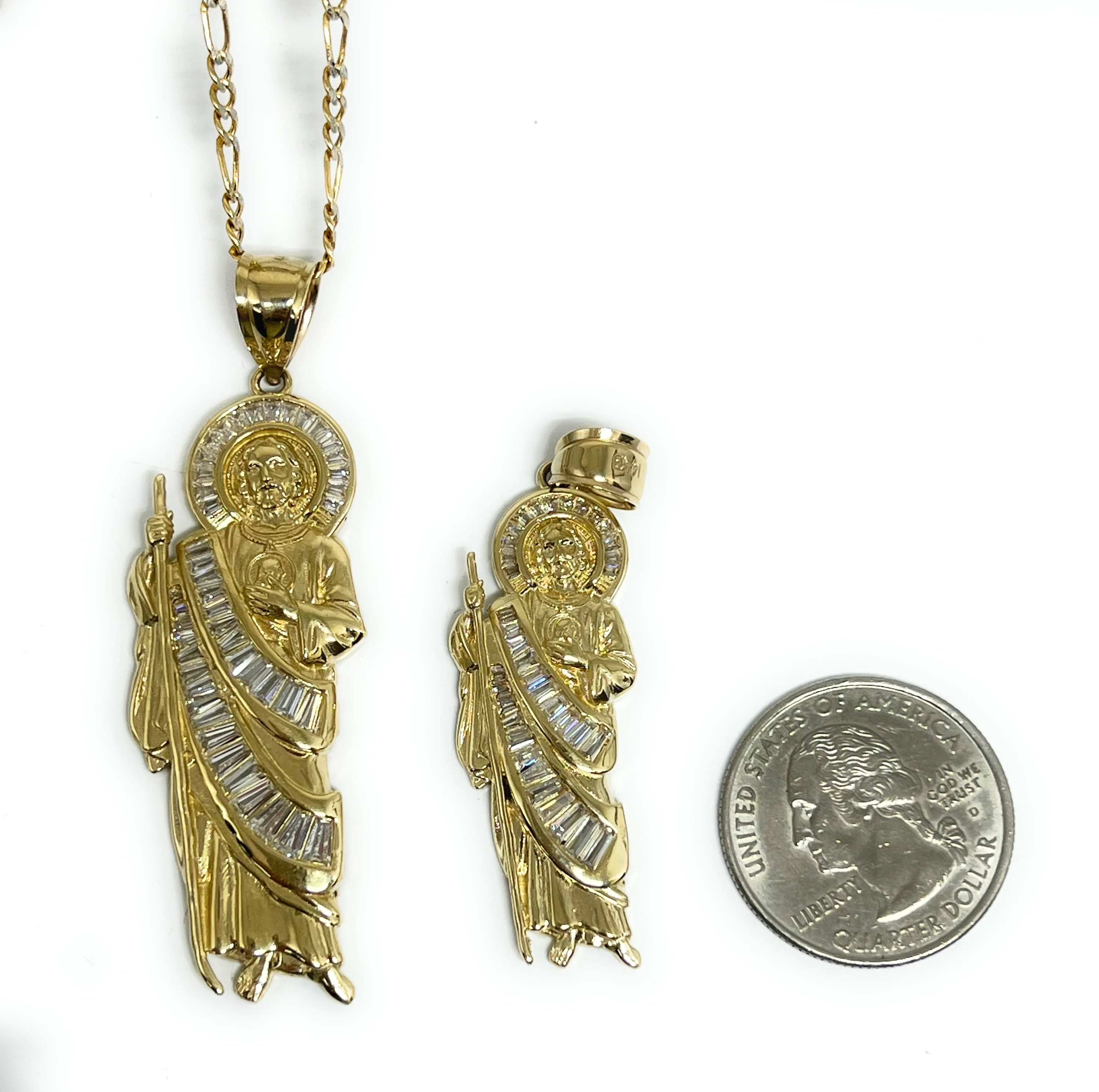 14k Solid Gold WHITE BAGUETTE CZ Saan Judas Saaint Jude Necklace Pendant (MED, LG) - Image 2