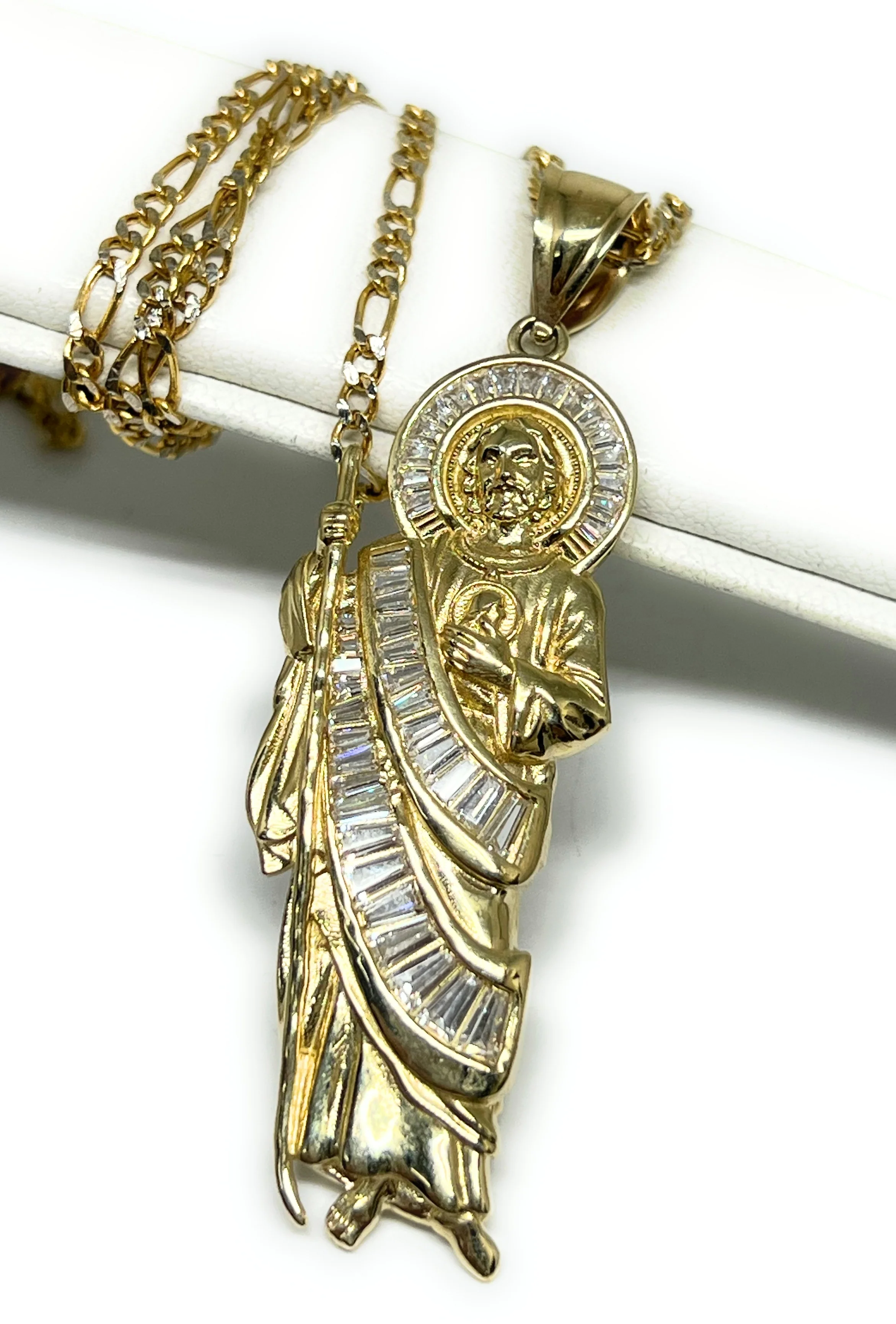 14k Solid Gold WHITE BAGUETTE CZ Saan Judas Saaint Jude Necklace Pendant (MED, LG) - Image 3