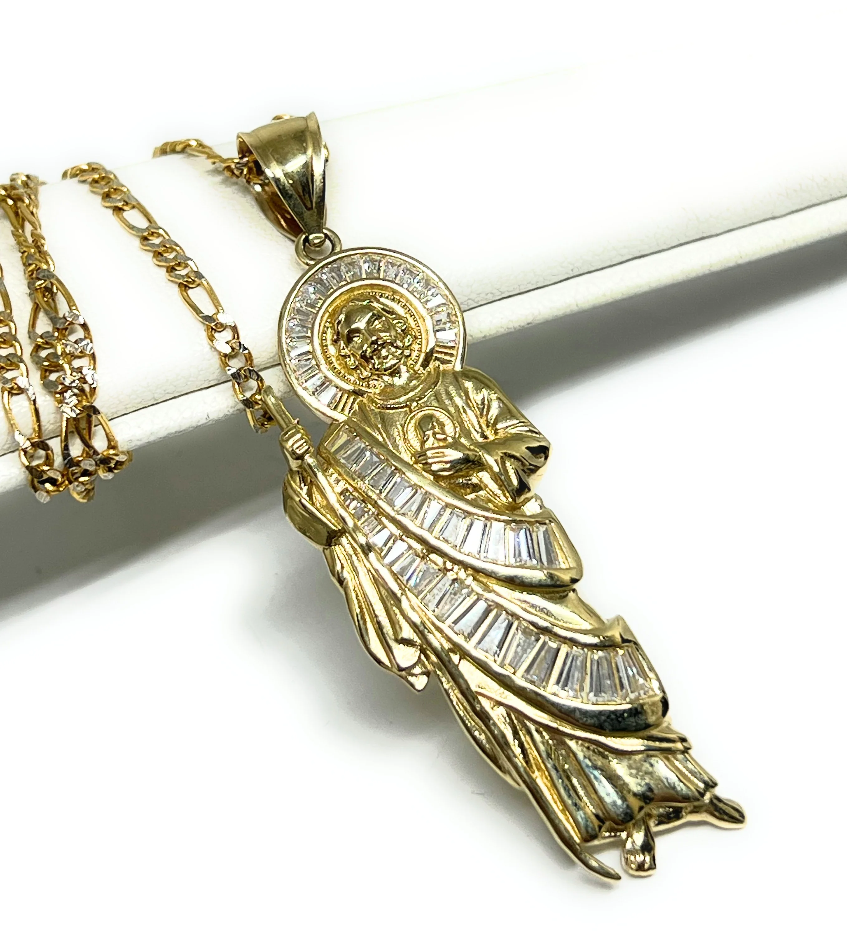 14k Solid Gold WHITE BAGUETTE CZ Saan Judas Saaint Jude Necklace Pendant (MED, LG) - Image 4