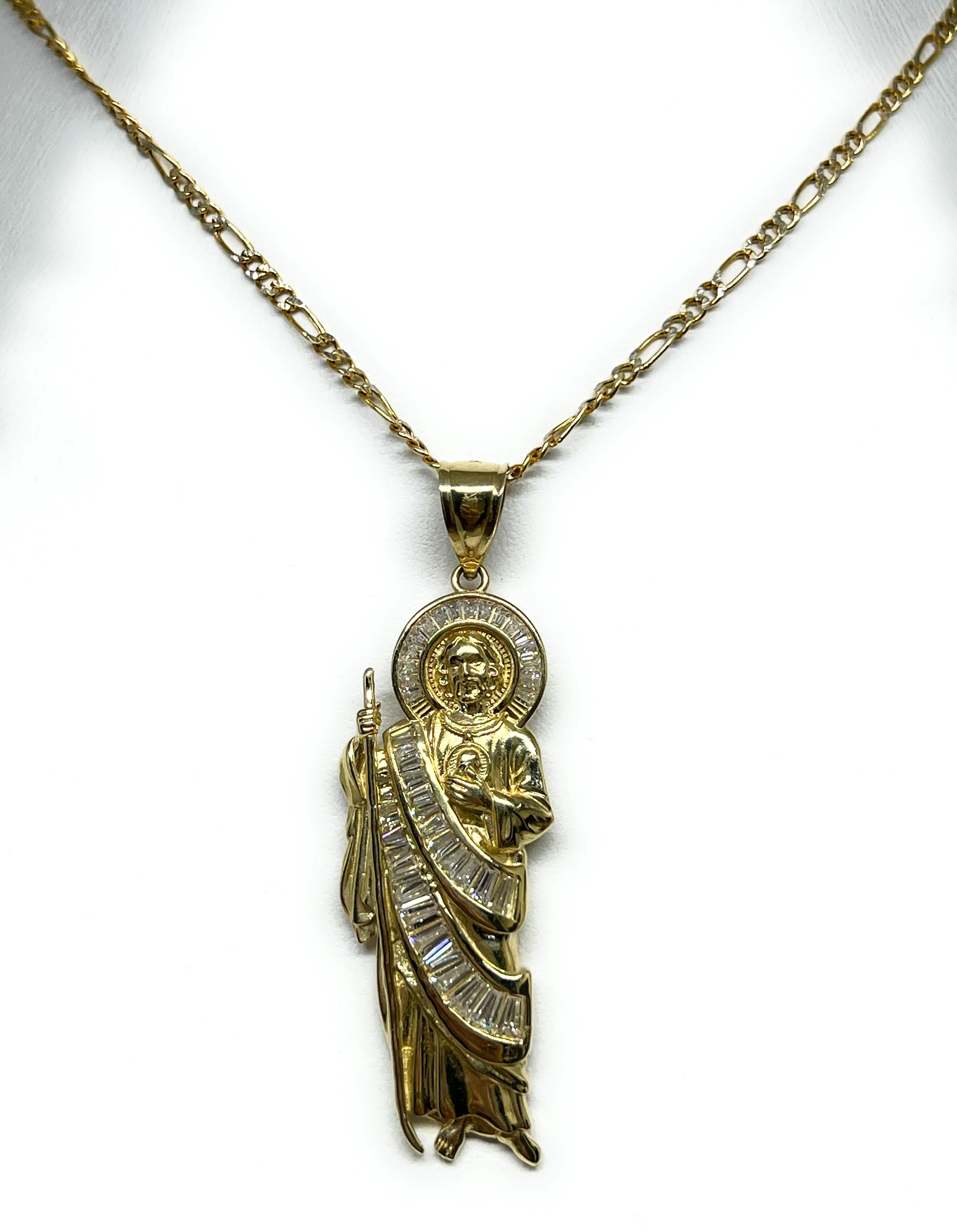 14k Solid Gold WHITE BAGUETTE CZ Saan Judas Saaint Jude Necklace Pendant (MED, LG) - Image 5
