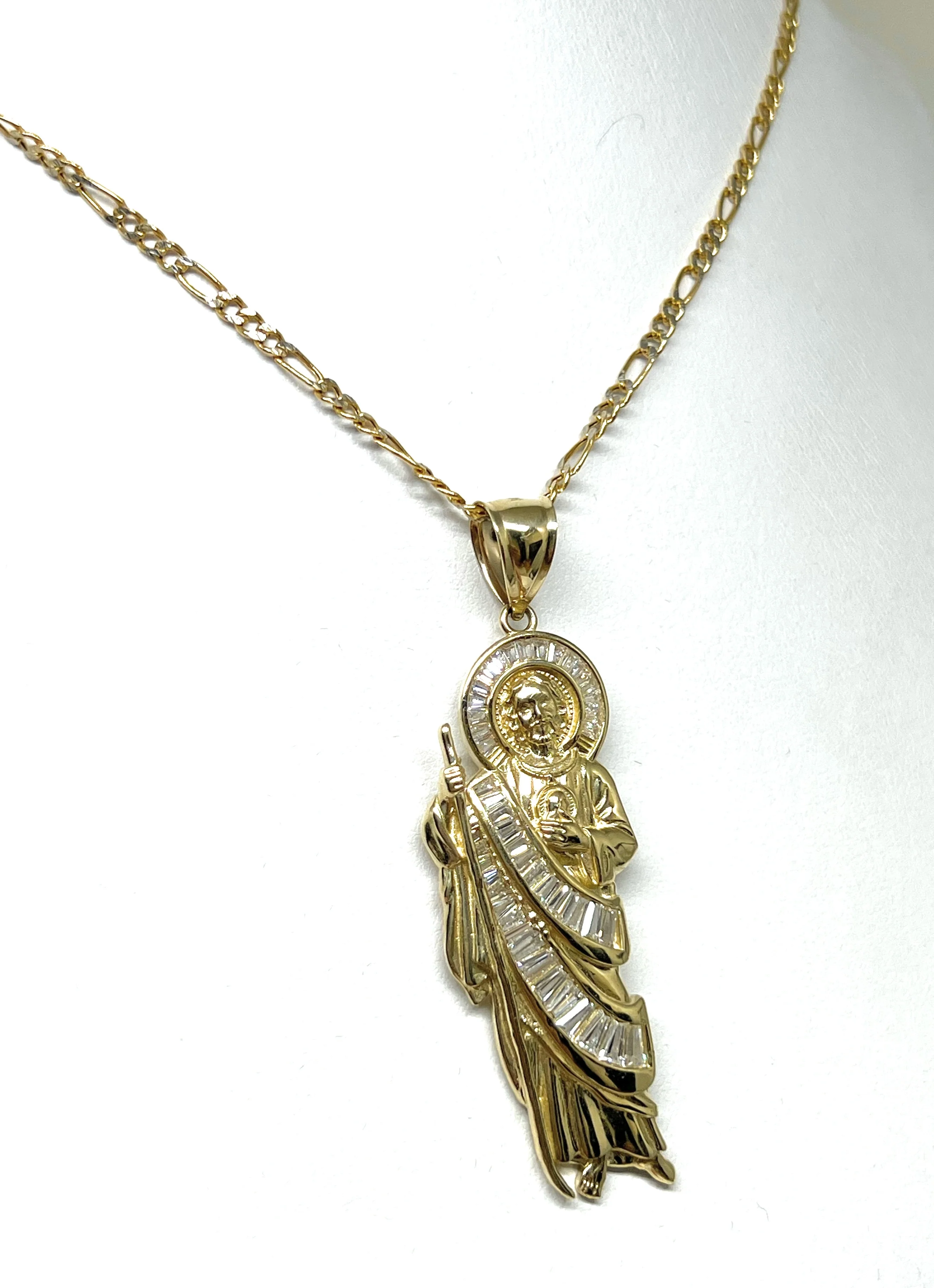14k Solid Gold WHITE BAGUETTE CZ Saan Judas Saaint Jude Necklace Pendant (MED, LG) - Image 6