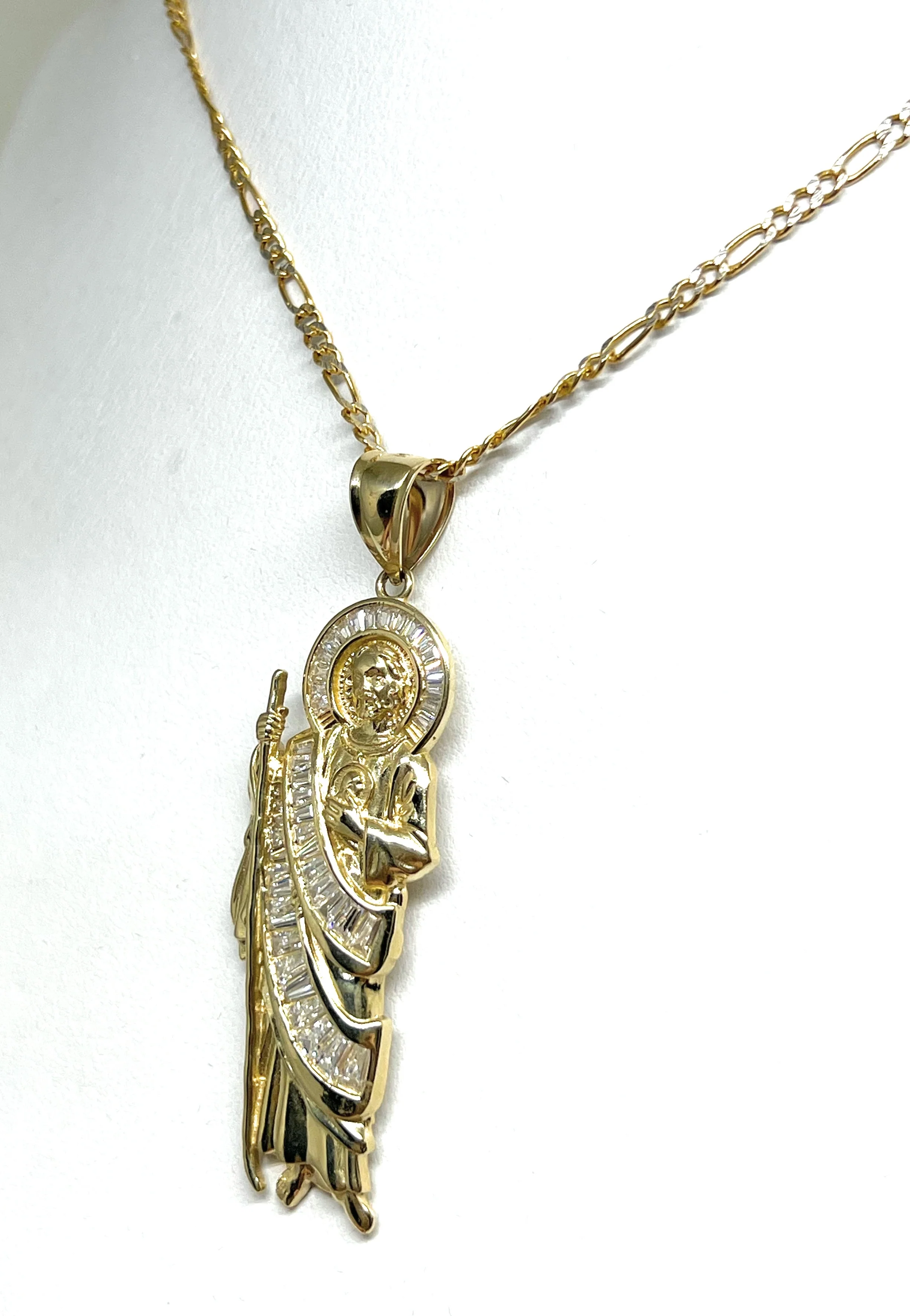 14k Solid Gold WHITE BAGUETTE CZ Saan Judas Saaint Jude Necklace Pendant (MED, LG) - Image 7