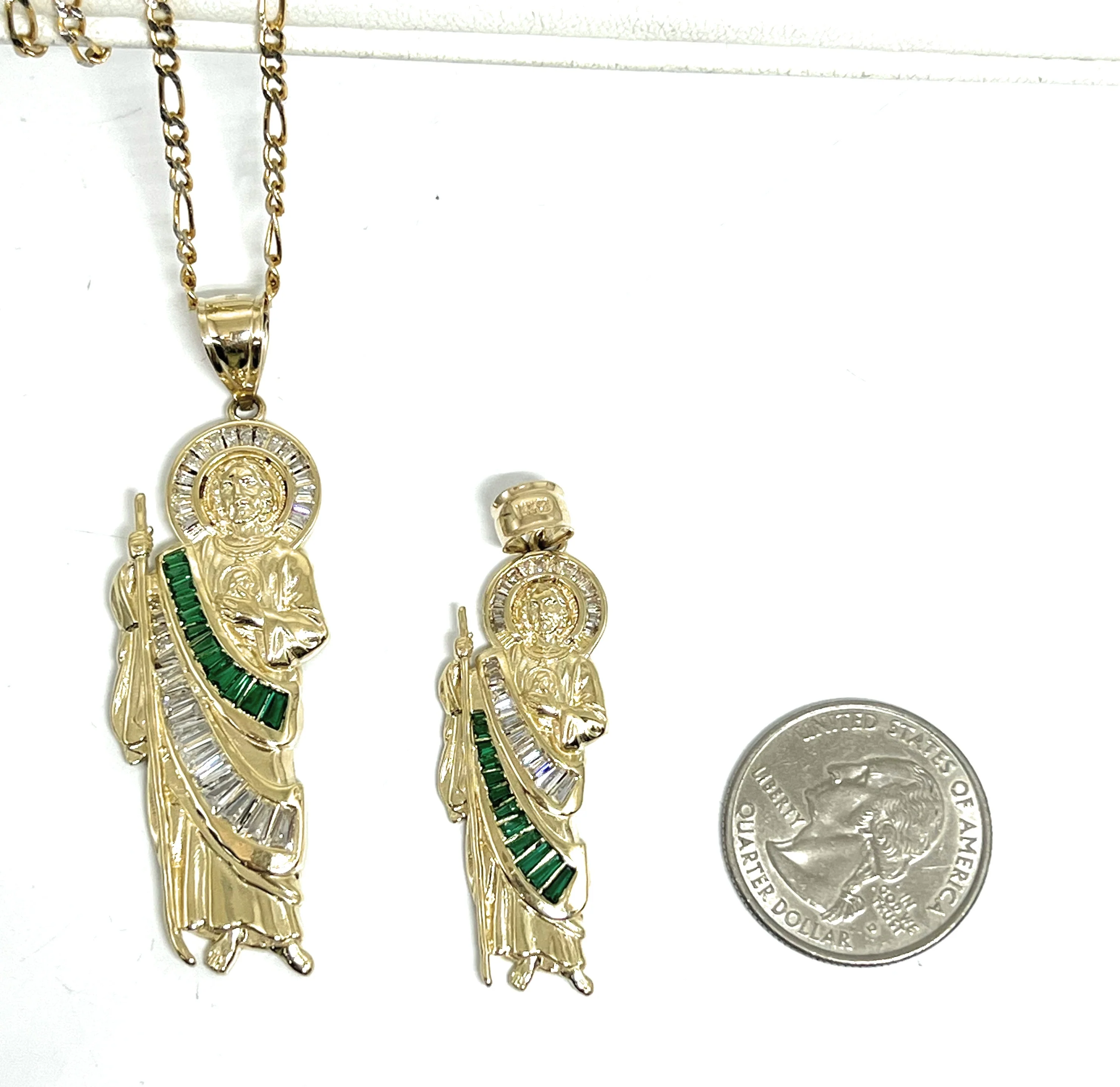 14k Solid Gold White, Green BAGUETTE CZ Saan Judas Saaint Jude Necklace Pendant (MED, LG) - Image 2