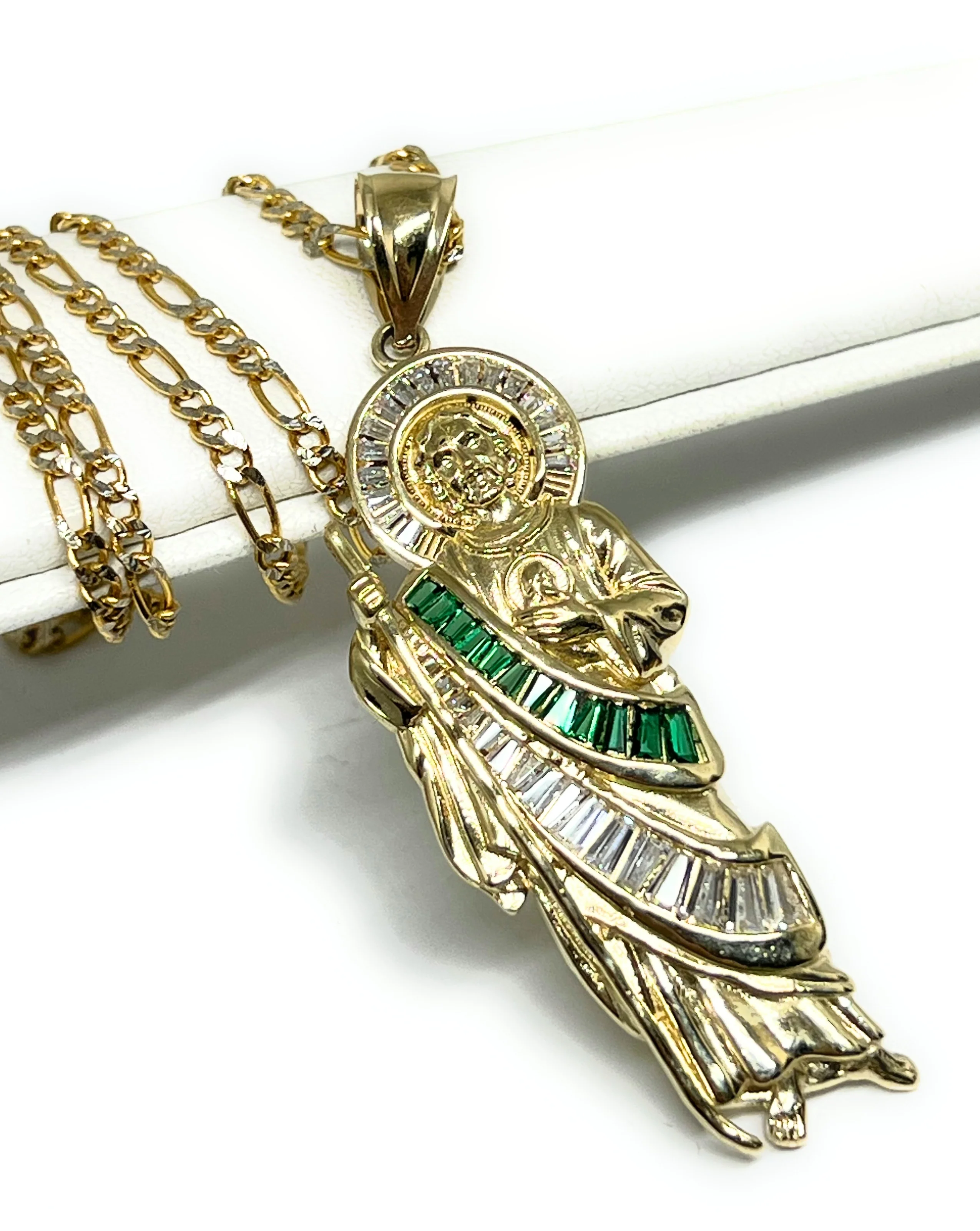 14k Solid Gold White, Green BAGUETTE CZ Saan Judas Saaint Jude Necklace Pendant (MED, LG) - Image 3