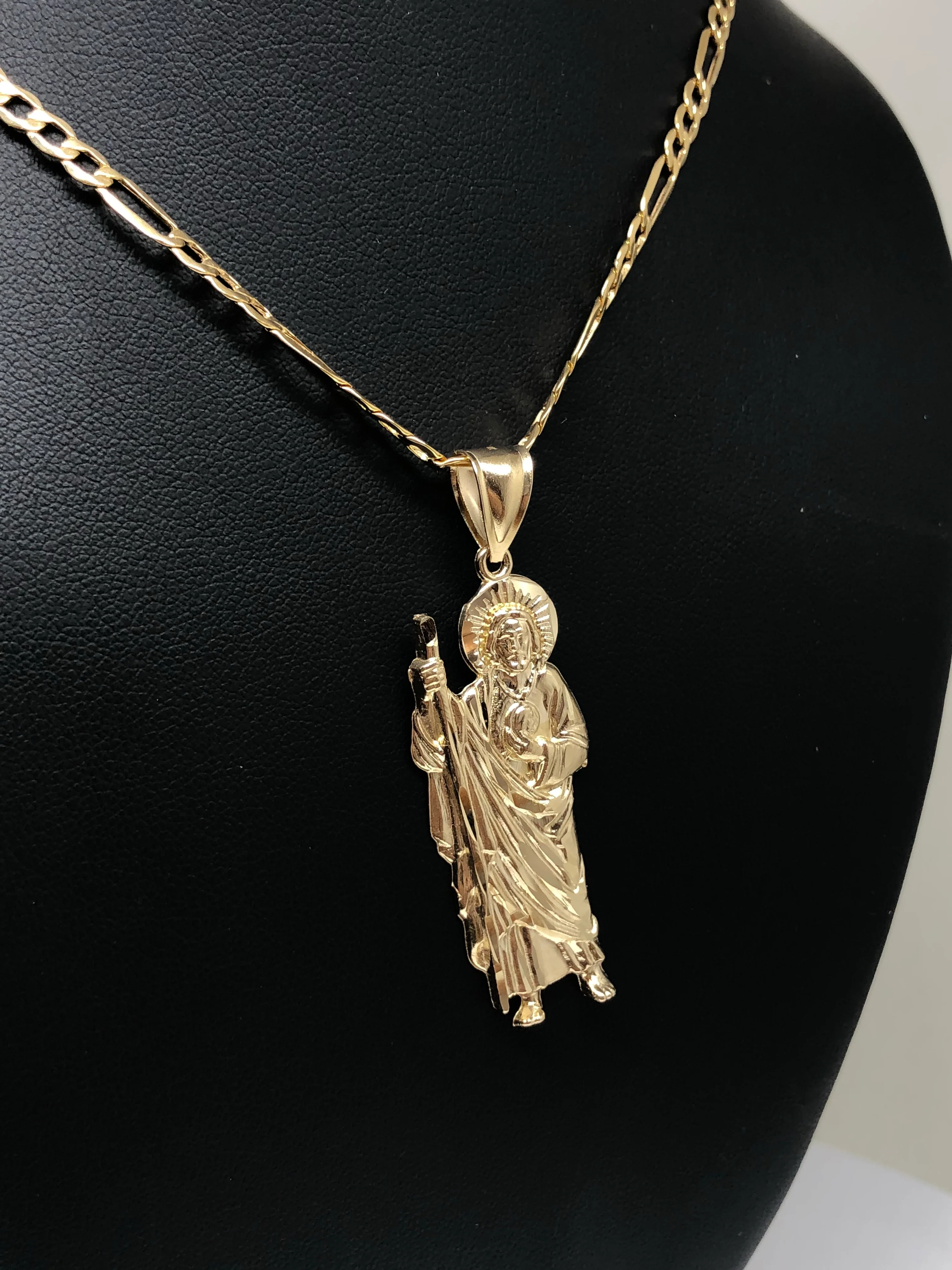 14k Solid Gold Yellow Saan Judas Saaint Jude Pendant Figaro Chain (MED, LG,XL) - Image 6
