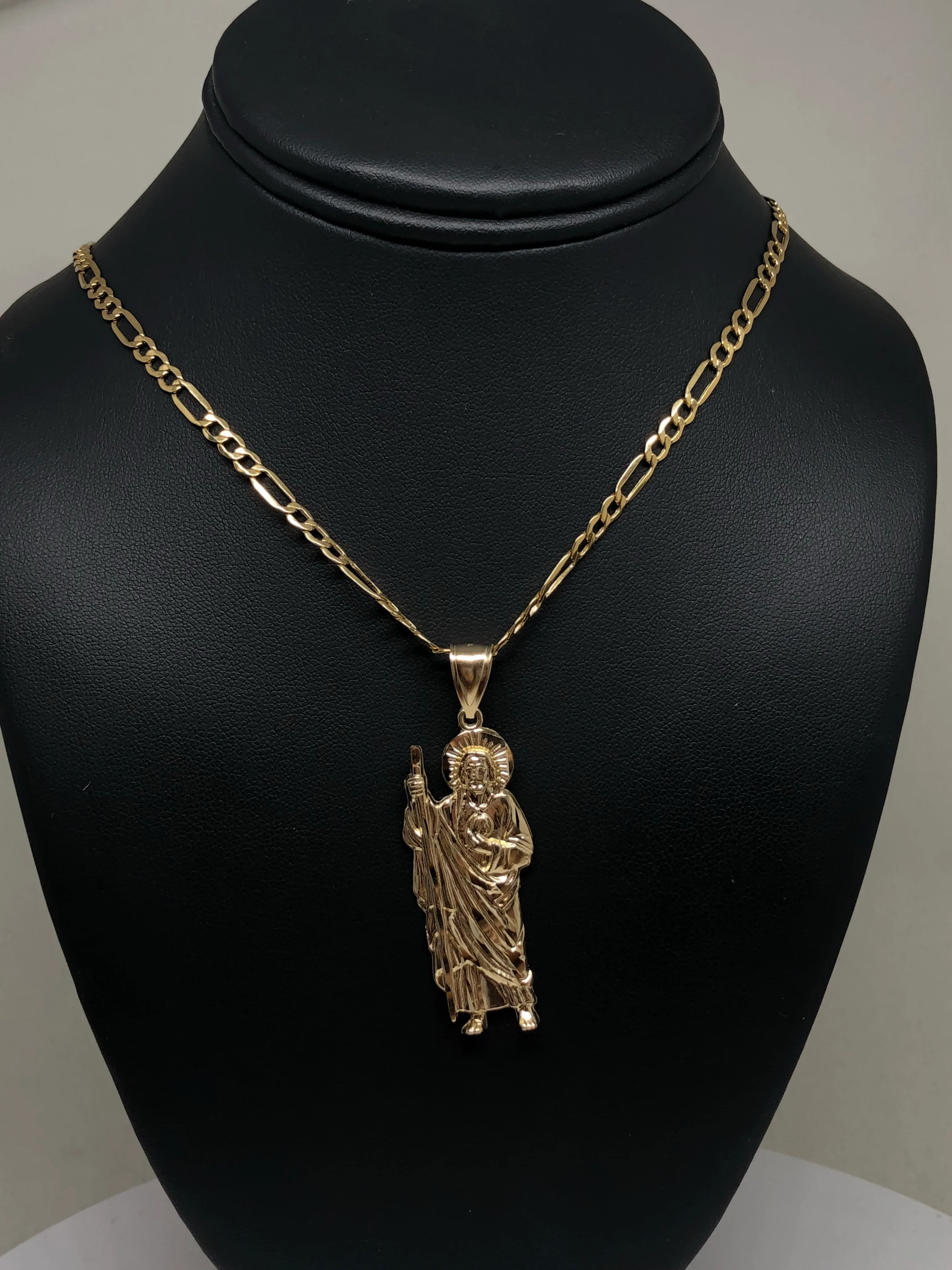14k Solid Gold Yellow Saan Judas Saaint Jude Pendant Figaro Chain (MED, LG,XL) - Image 8