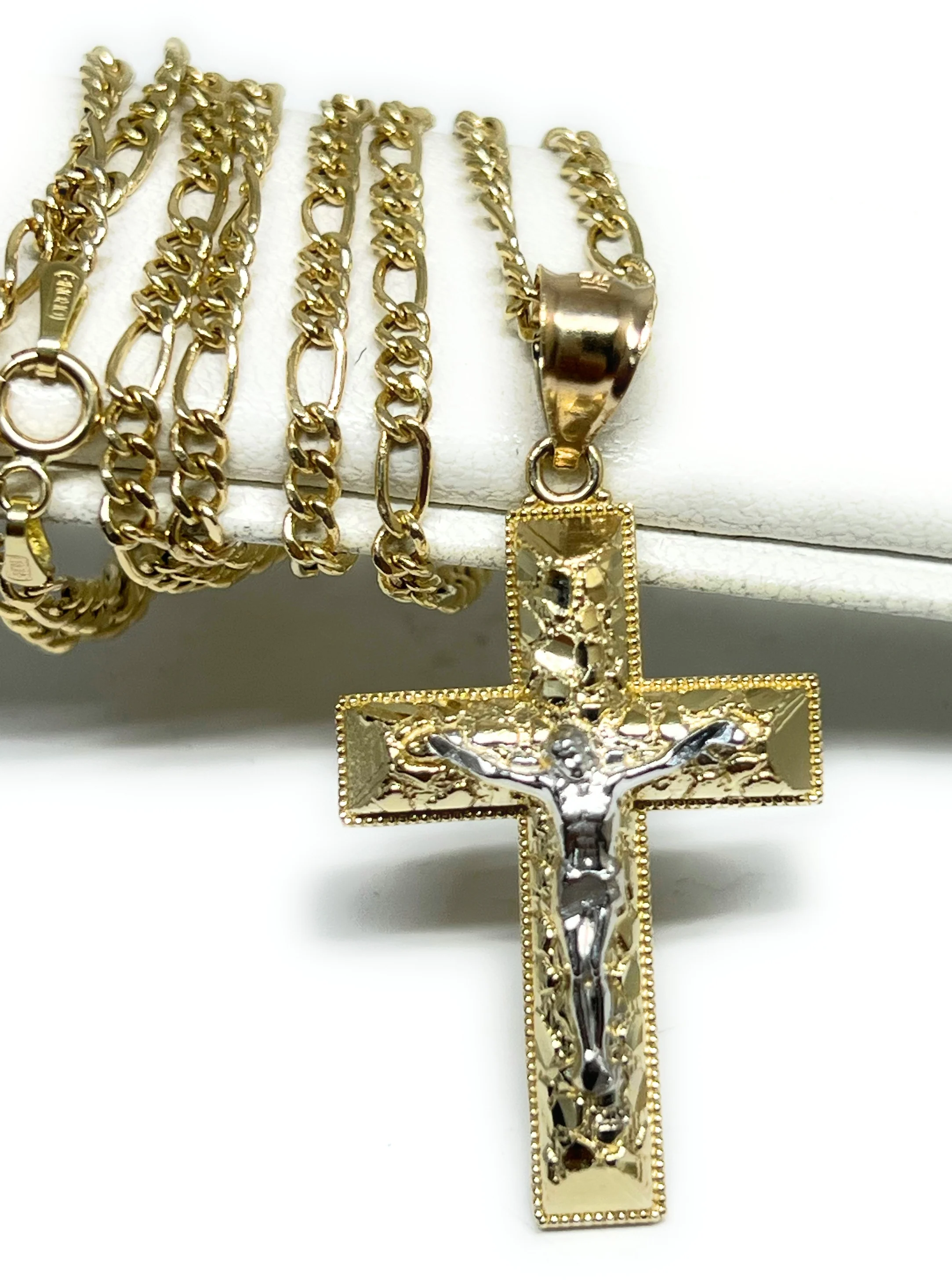 14k Solid Gold Yellow 2-Tone Jesus Cross Crucifix NUGGET Pendant Necklace (MED,SM)