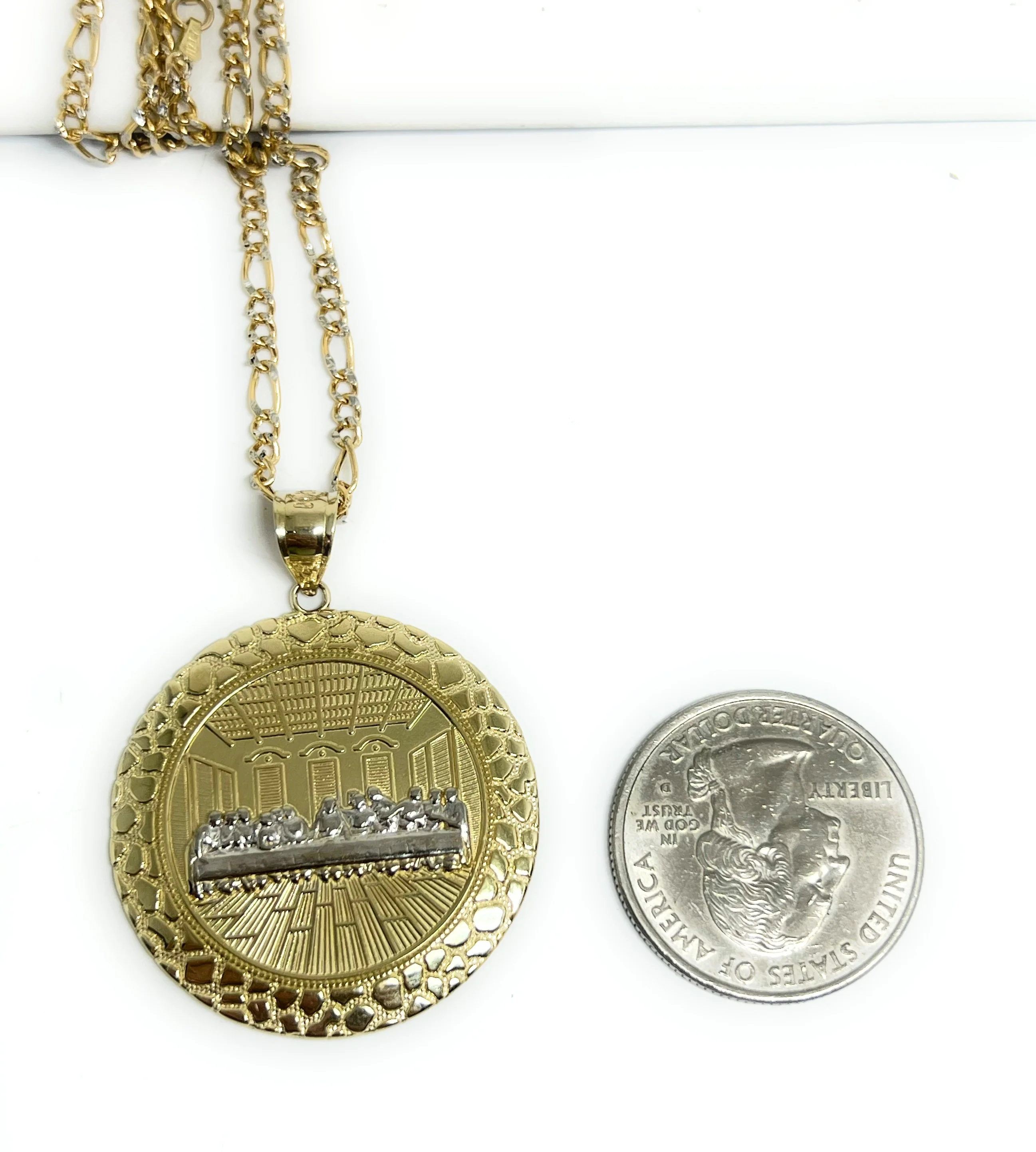 10k Solid Gold Yellow 2-Tone Jesus Last Supper CZ NUGGET BORDER Pendant Necklace - Image 2
