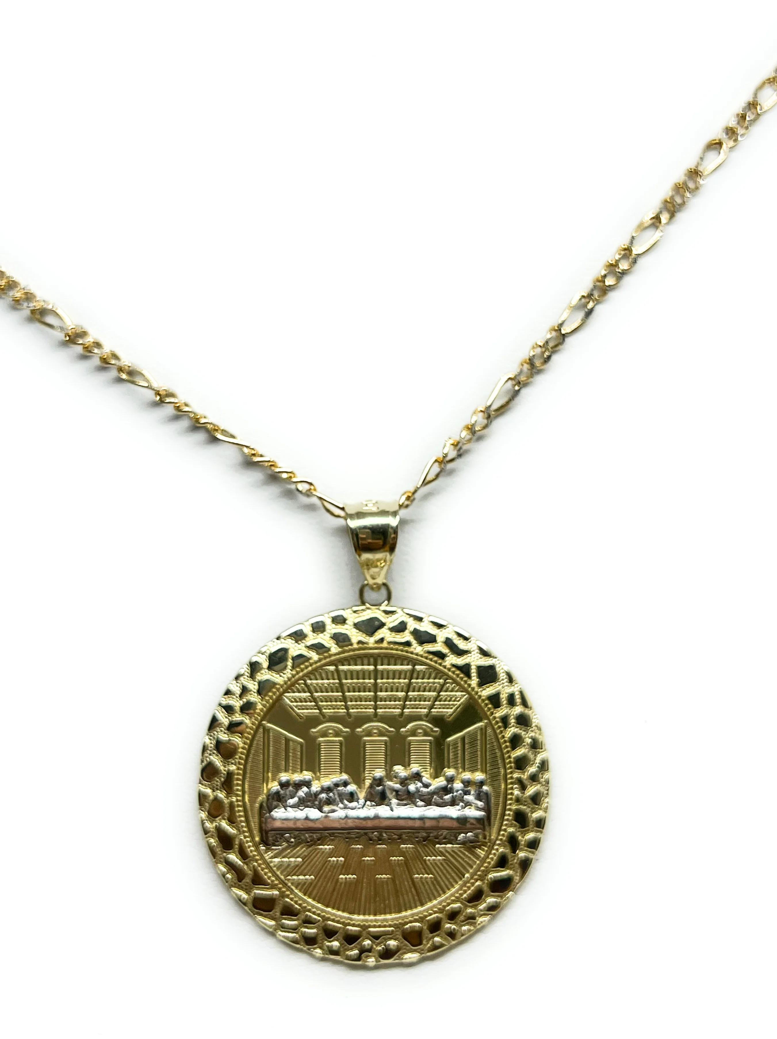 10k Solid Gold Yellow 2-Tone Jesus Last Supper CZ NUGGET BORDER Pendant Necklace - Image 5