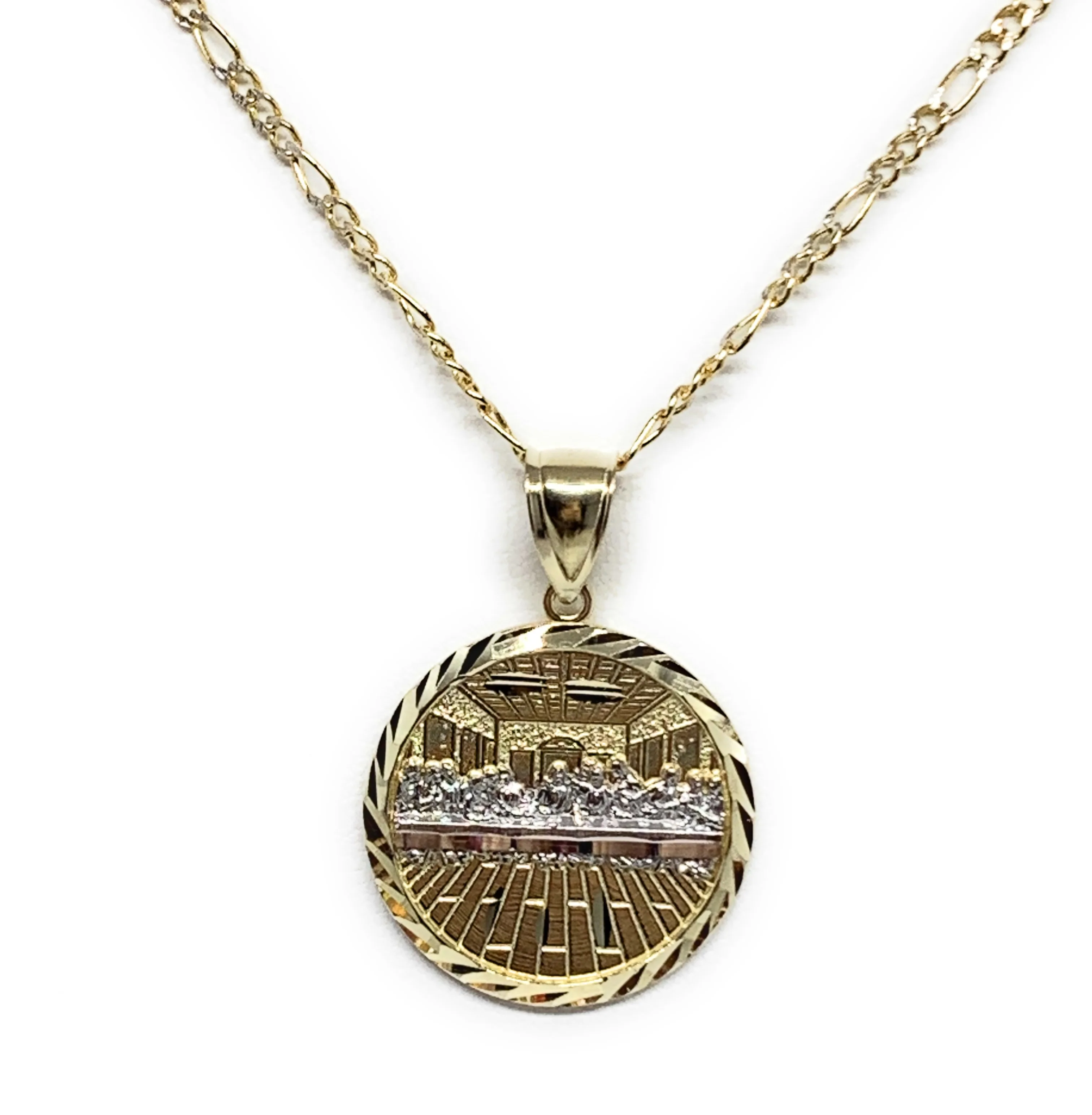 10k Solid Gold Yellow 2-Tone Jesus Last Supper Diamond Cut Round Pendant Necklace - Image 2