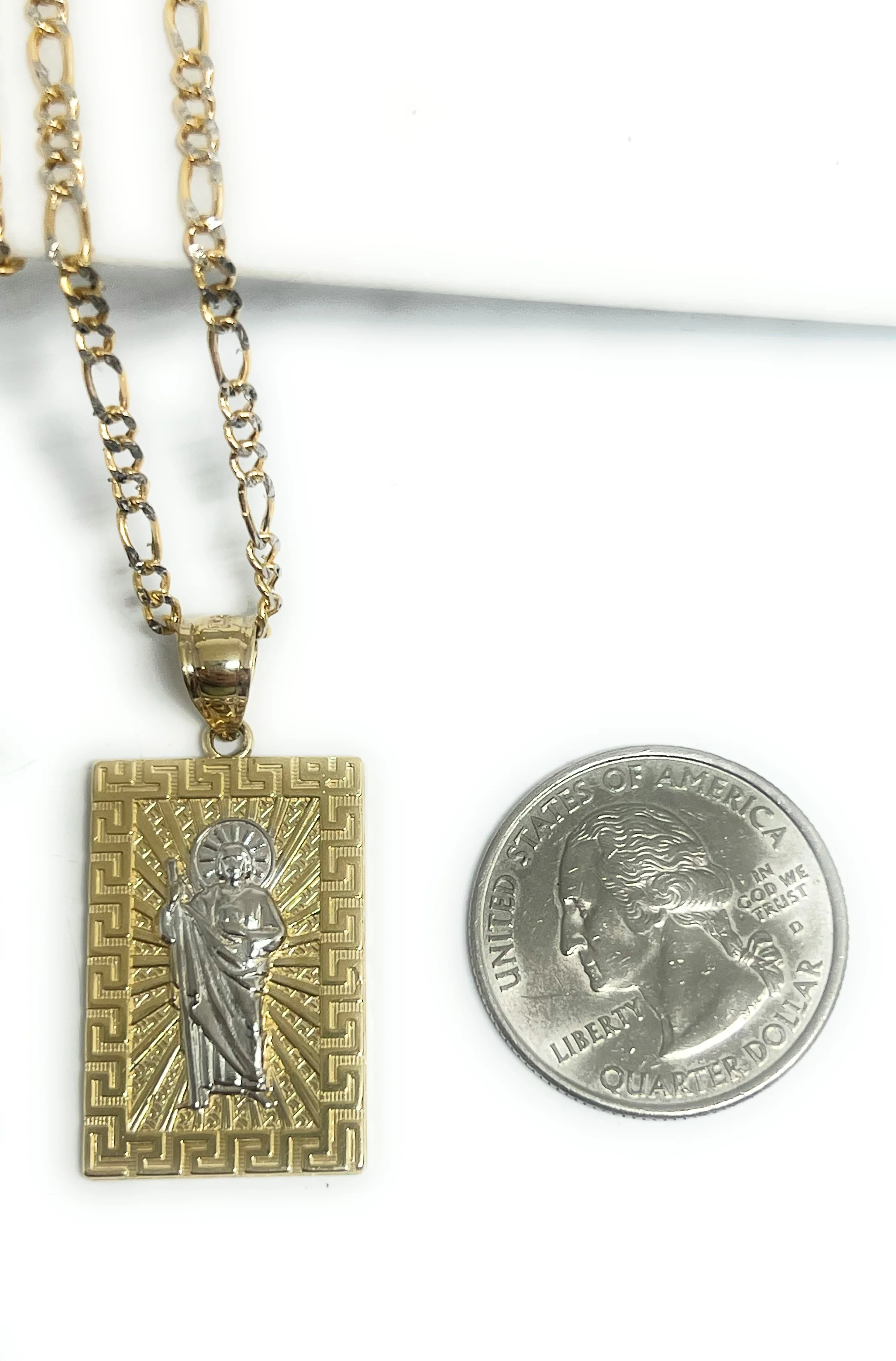 14k Solid Gold Yellow 2-Tone Saan Judas Saaint Jude SQUARE MEANDROS BORDER Pendant with Figaro Chain - Image 2