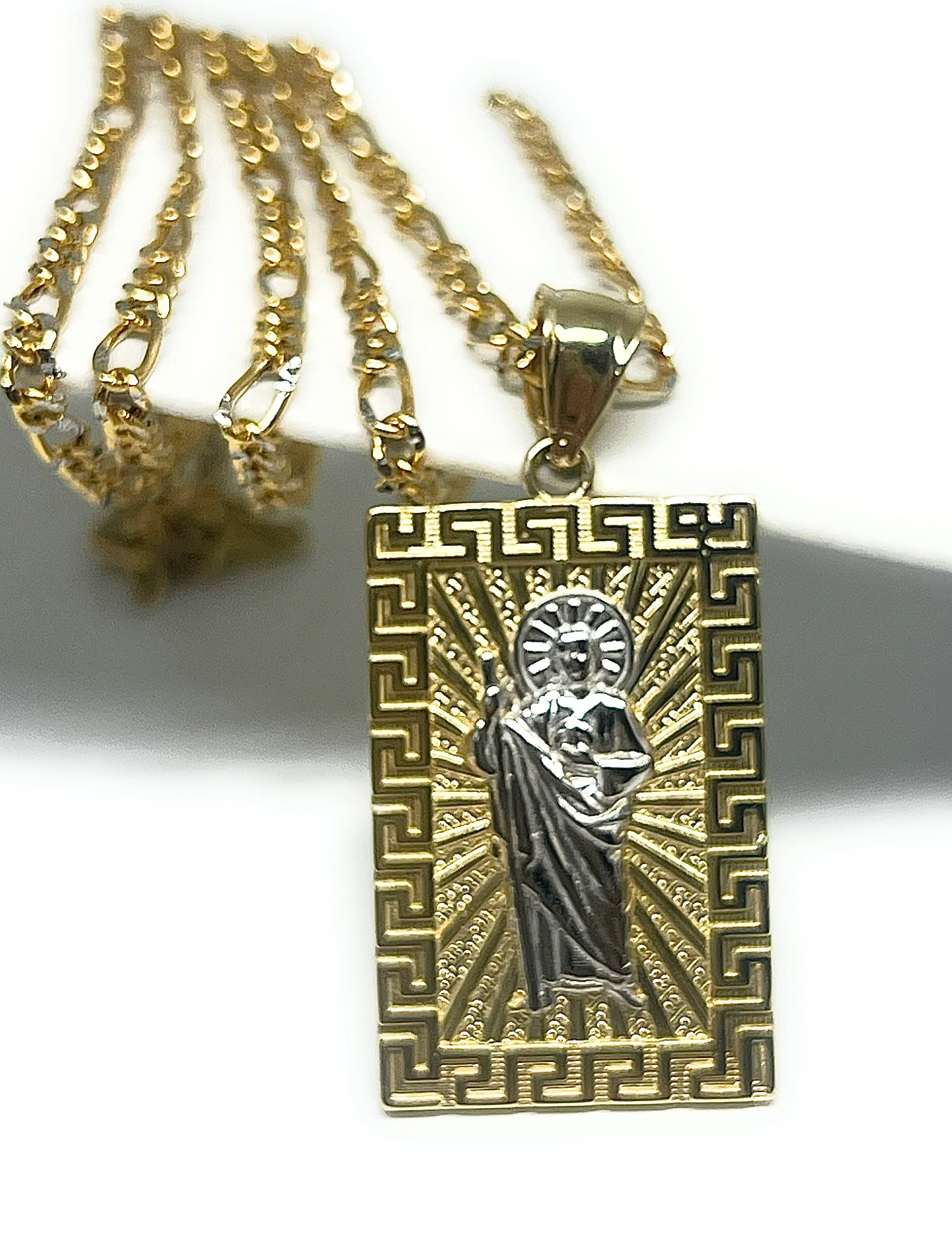 14k Solid Gold Yellow 2-Tone Saan Judas Saaint Jude SQUARE MEANDROS BORDER Pendant with Figaro Chain - Image 3