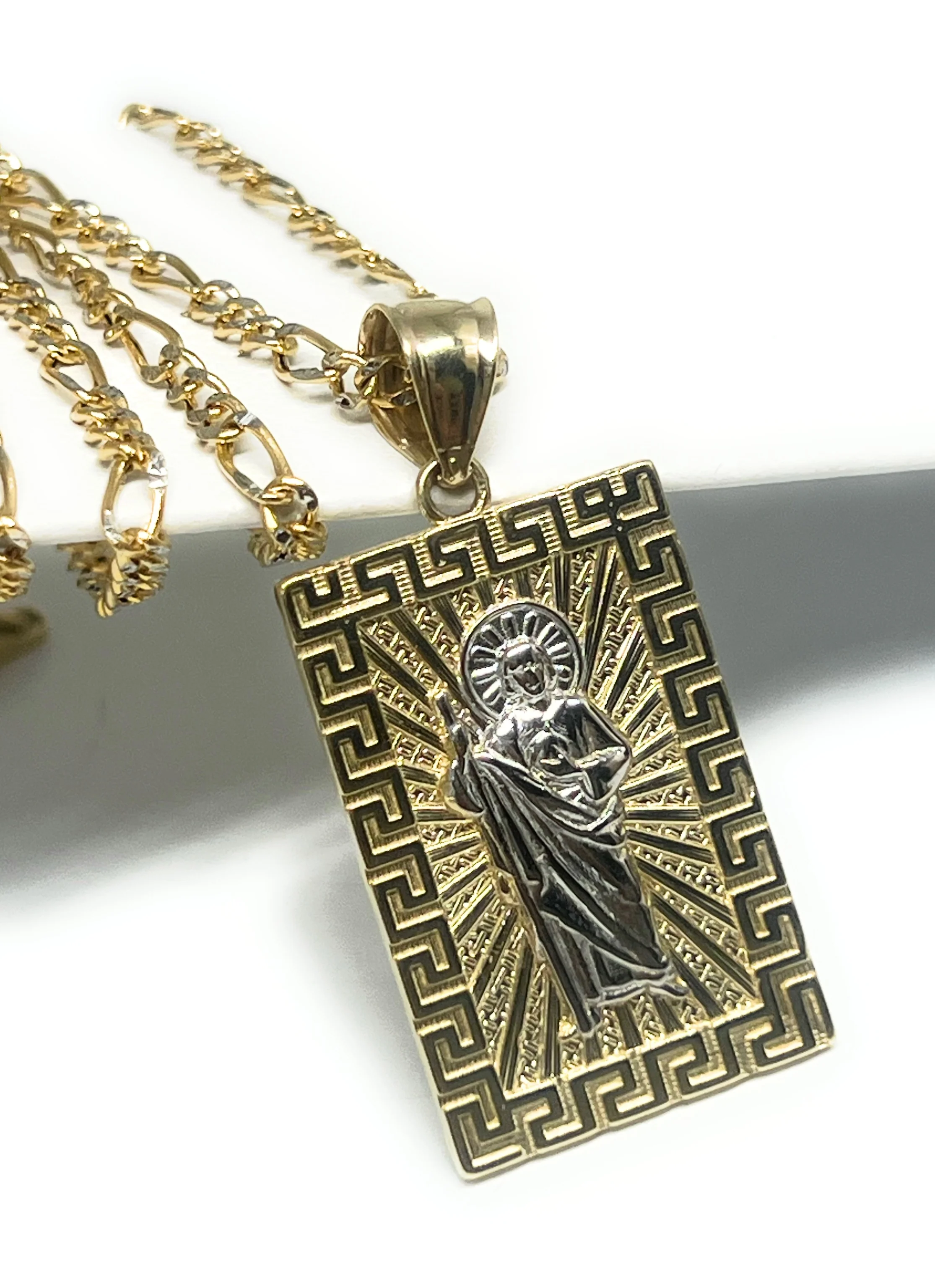 14k Solid Gold Yellow 2-Tone Saan Judas Saaint Jude SQUARE MEANDROS BORDER Pendant with Figaro Chain - Image 4