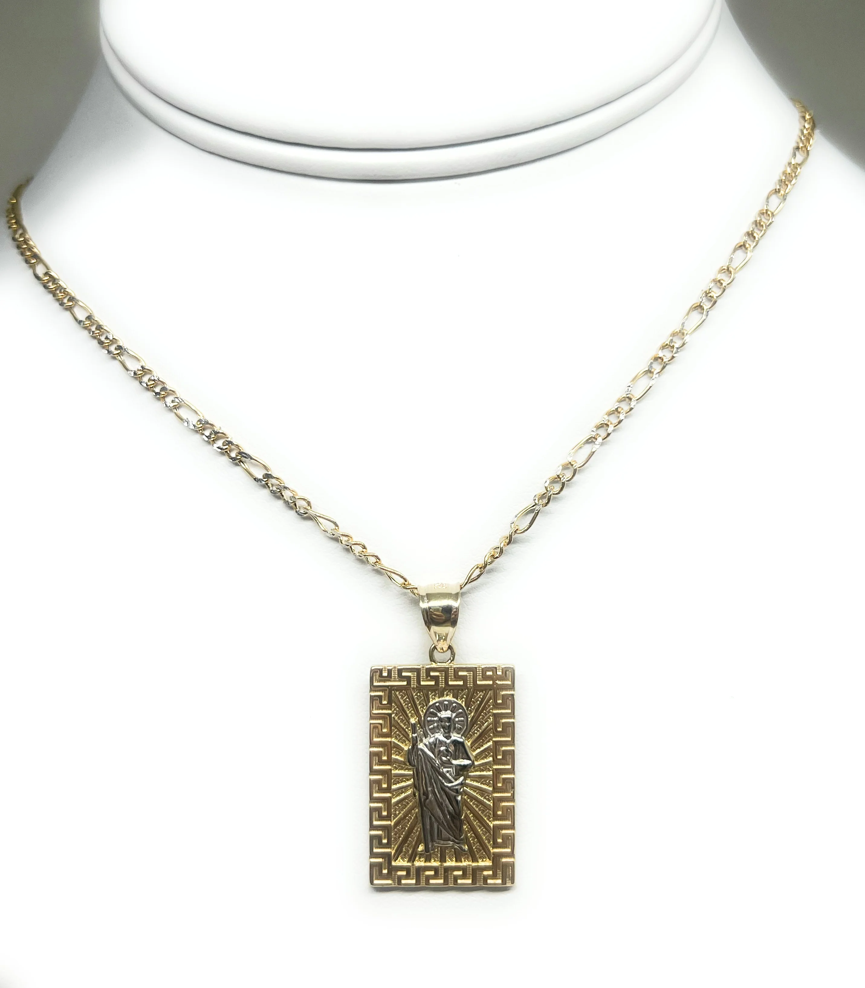 14k Solid Gold Yellow 2-Tone Saan Judas Saaint Jude SQUARE MEANDROS BORDER Pendant with Figaro Chain - Image 5