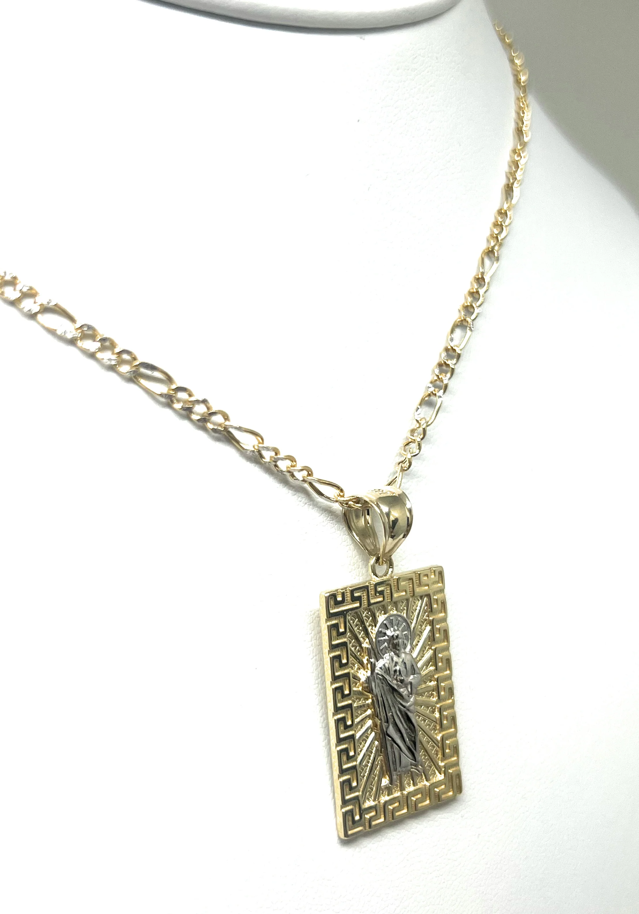 14k Solid Gold Yellow 2-Tone Saan Judas Saaint Jude SQUARE MEANDROS BORDER Pendant with Figaro Chain - Image 6