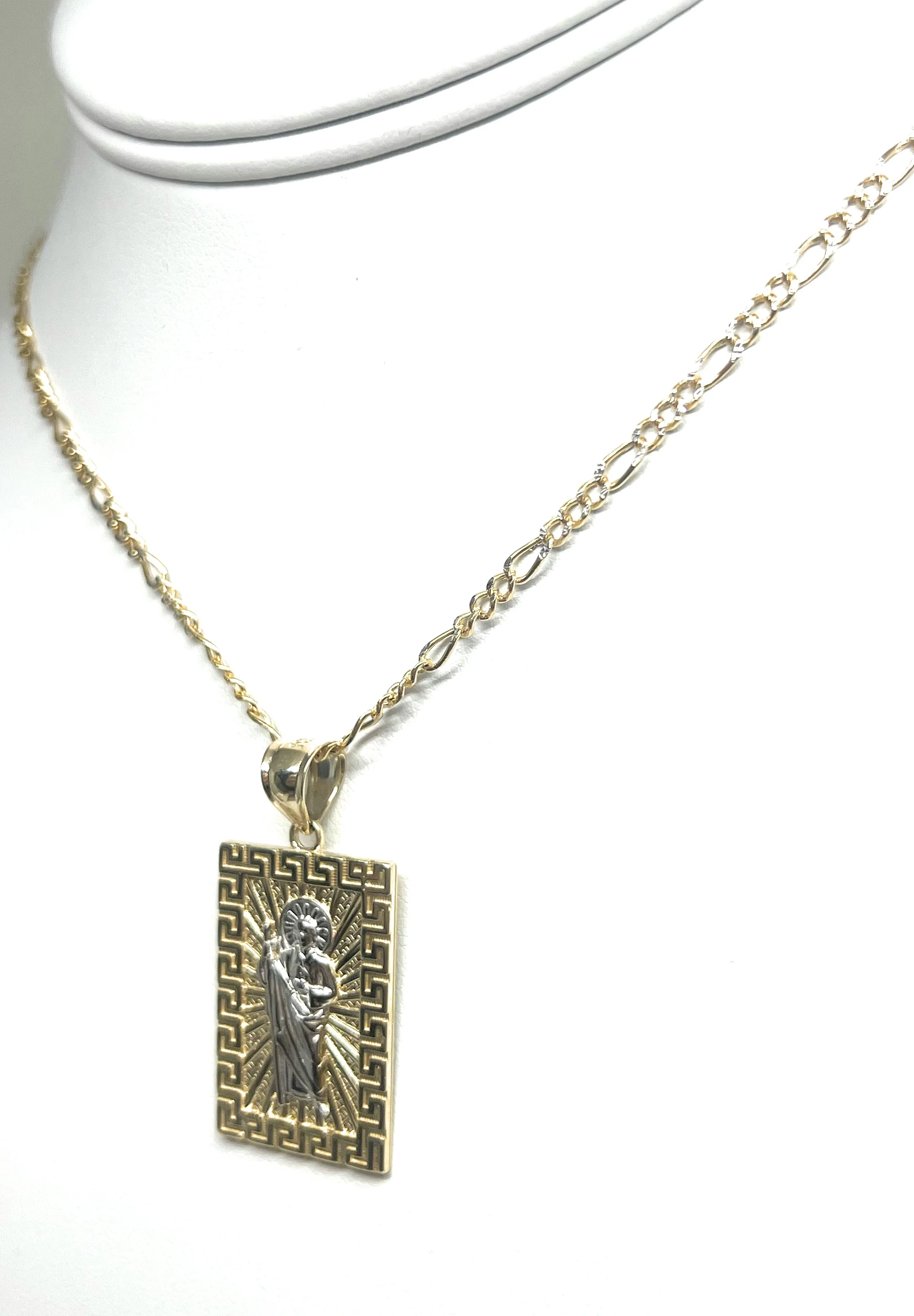 14k Solid Gold Yellow 2-Tone Saan Judas Saaint Jude SQUARE MEANDROS BORDER Pendant with Figaro Chain - Image 7