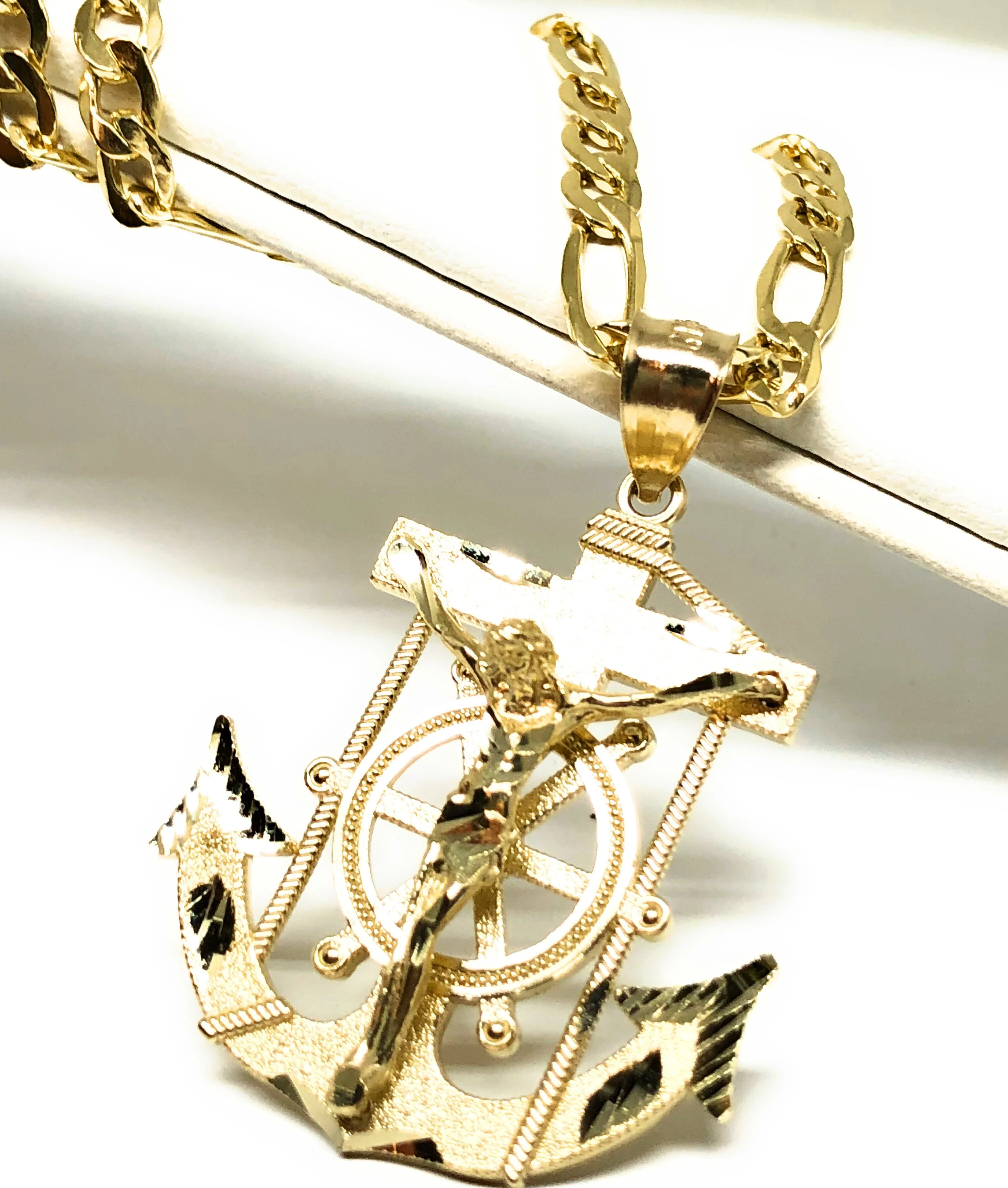 14k Solid Gold Yellow Anchor Jesus Crucifix Ancla Cristo Pendant Necklace with Chain (XS, SM,MED,LG) - Image 4