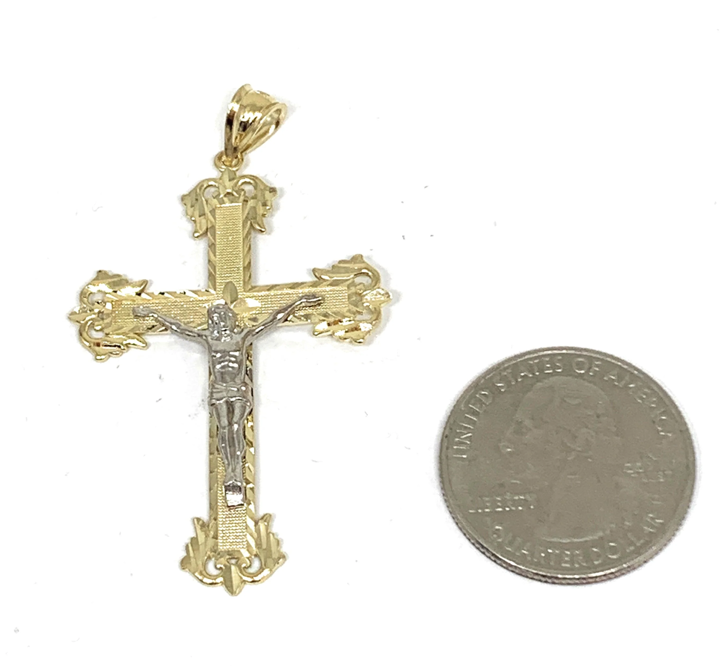 14k Solid Gold Yellow Classic 2-Tone Jesus Cross Crucifix Pendant Necklace (SM, MED) - Image 2