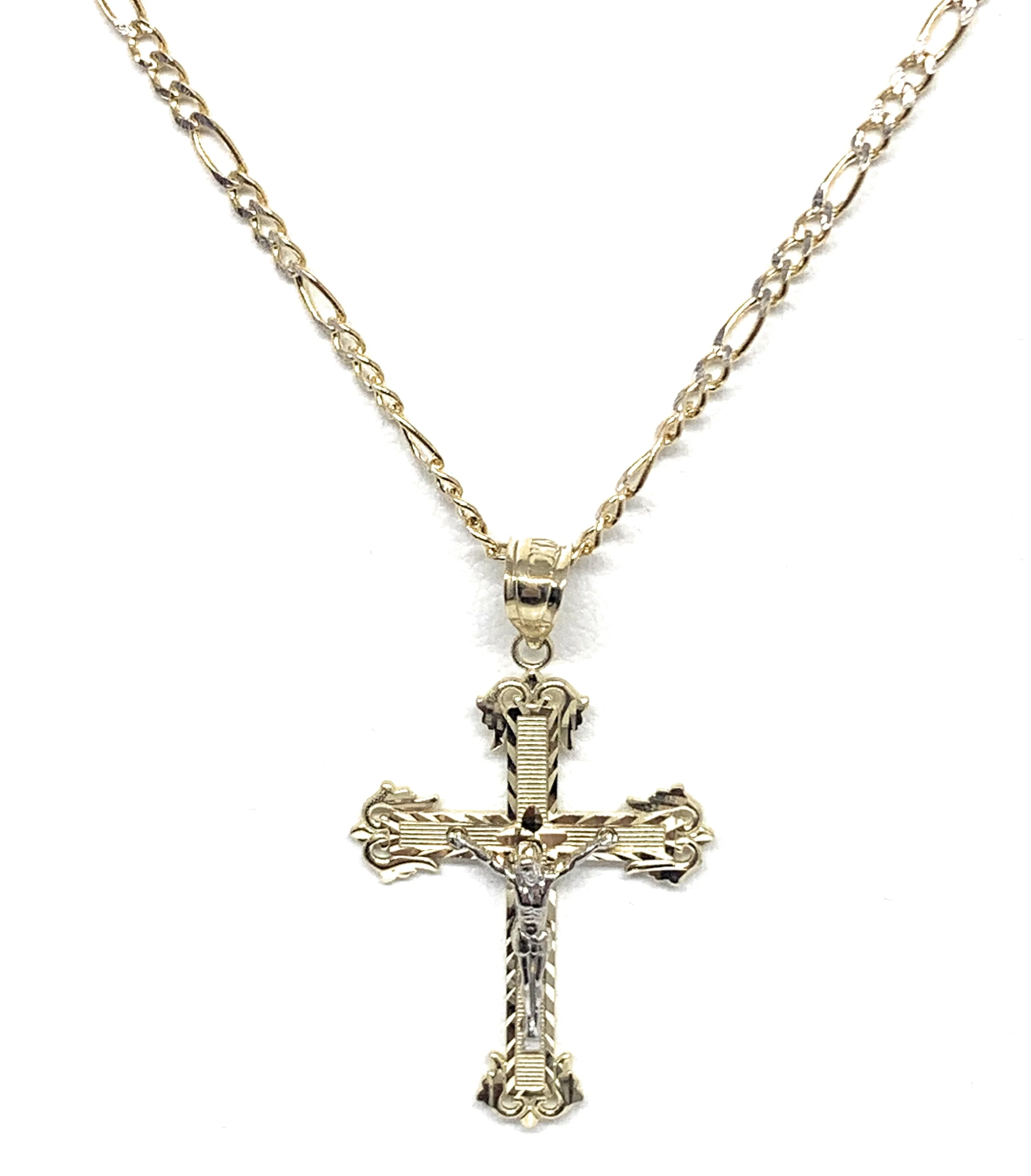 14k Solid Gold Yellow Classic 2-Tone Jesus Cross Crucifix Pendant Necklace (SM, MED) - Image 3