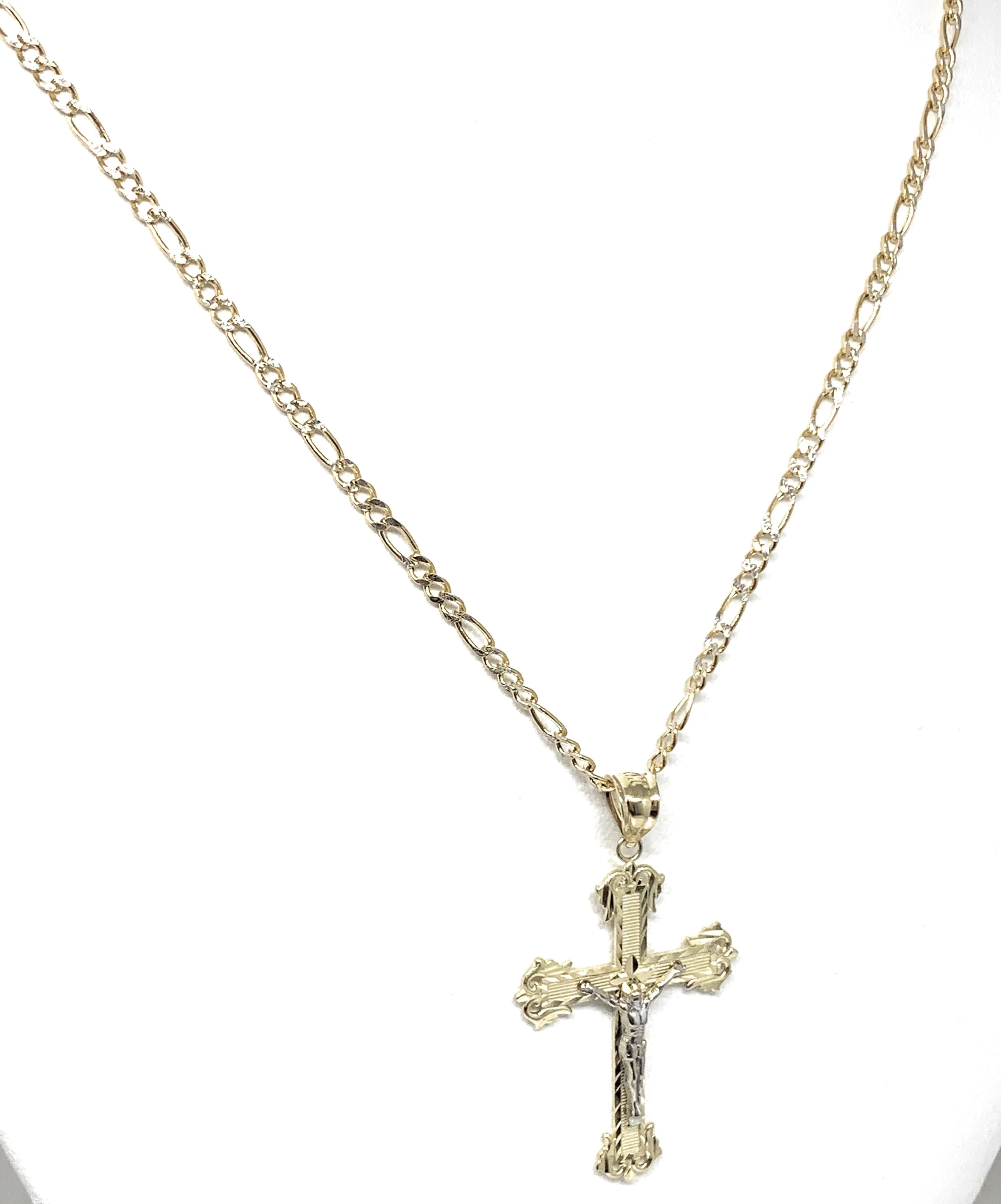 14k Solid Gold Yellow Classic 2-Tone Jesus Cross Crucifix Pendant Necklace (SM, MED) - Image 4
