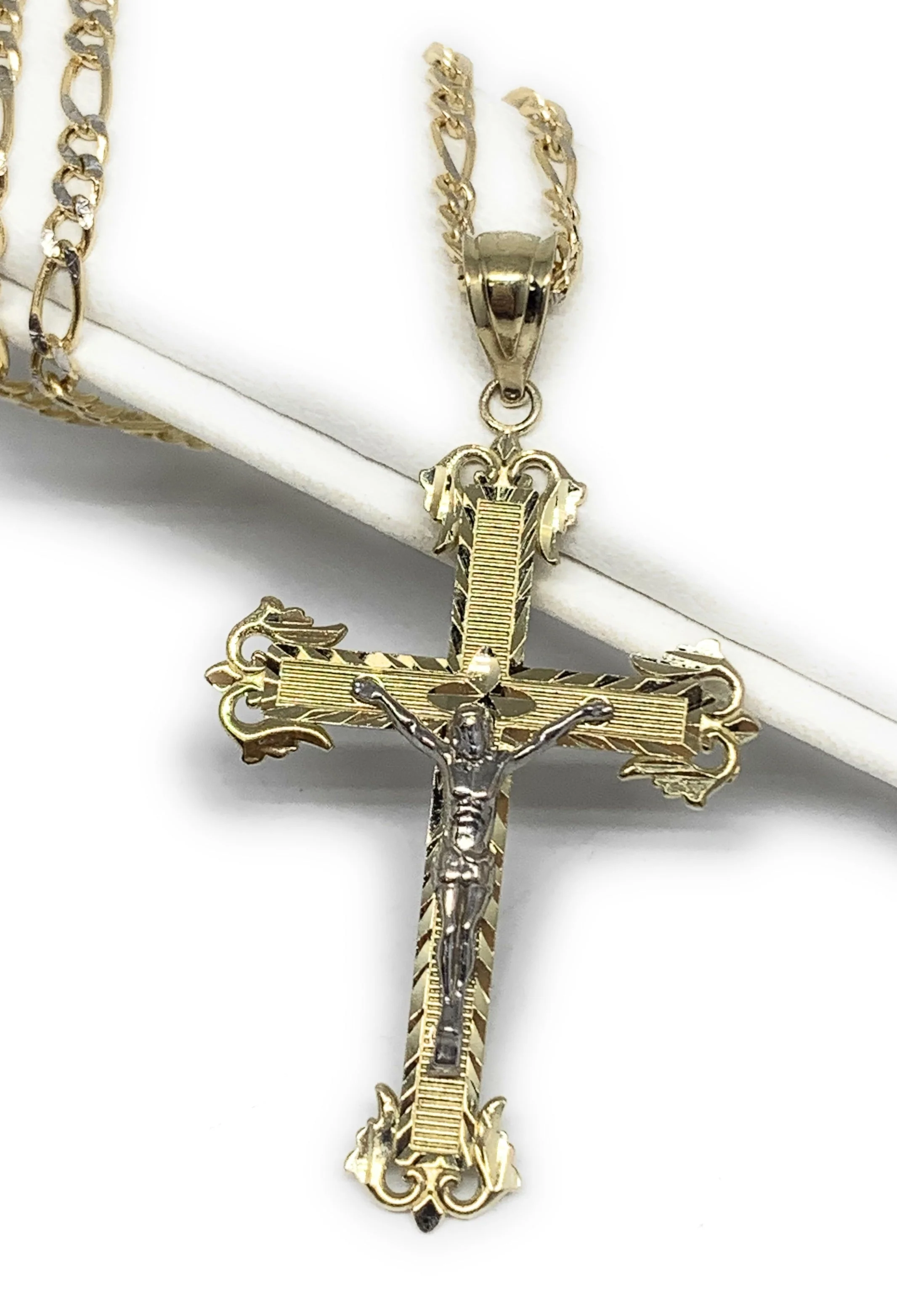 14k Solid Gold Yellow Classic 2-Tone Jesus Cross Crucifix Pendant Necklace (SM, MED) - Image 6