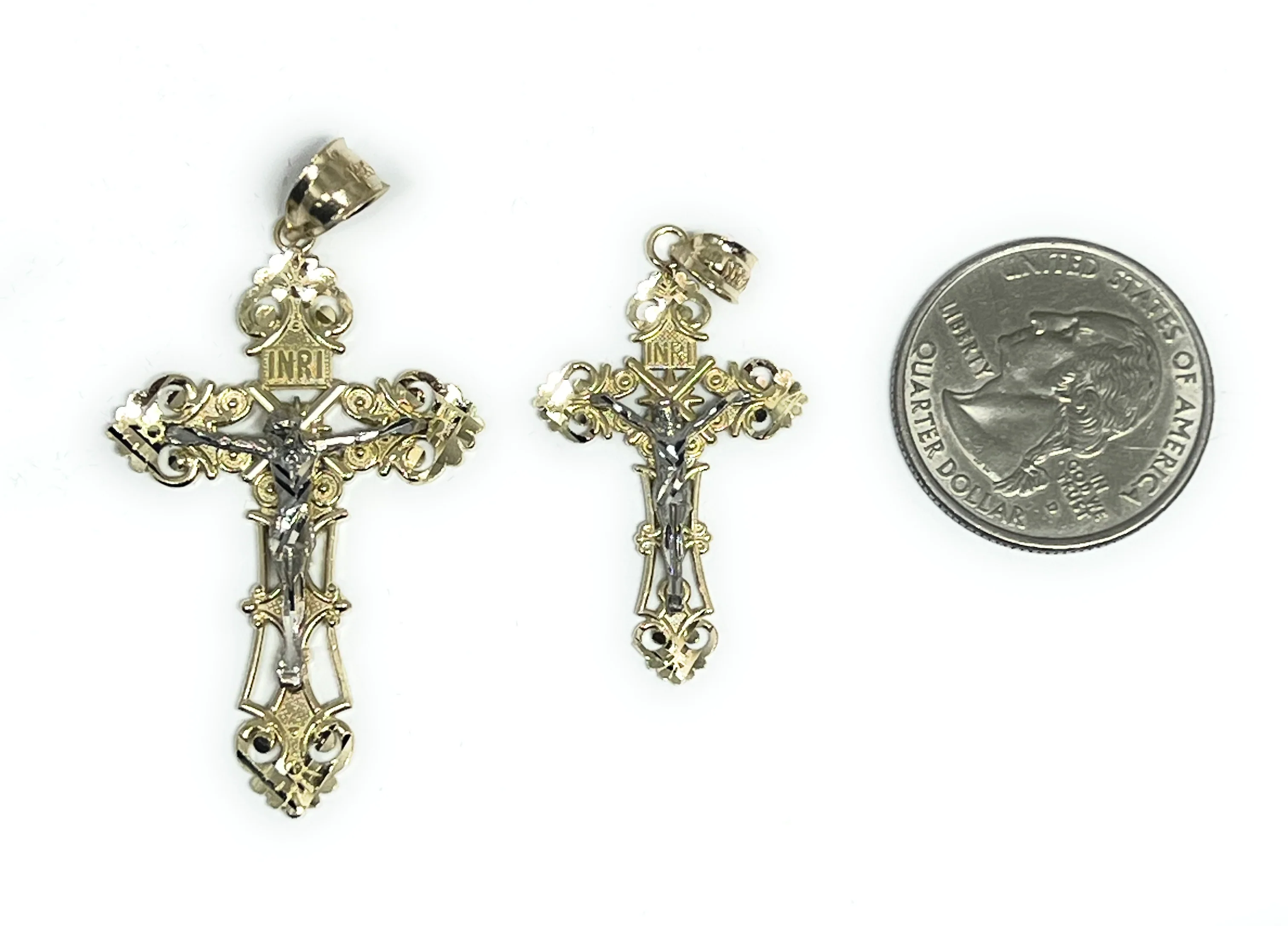 14k Solid Gold Yellow Classic 2-Tone Jesus Cross Crucifix Pendant Necklace (SM,MED,LG) - Image 2