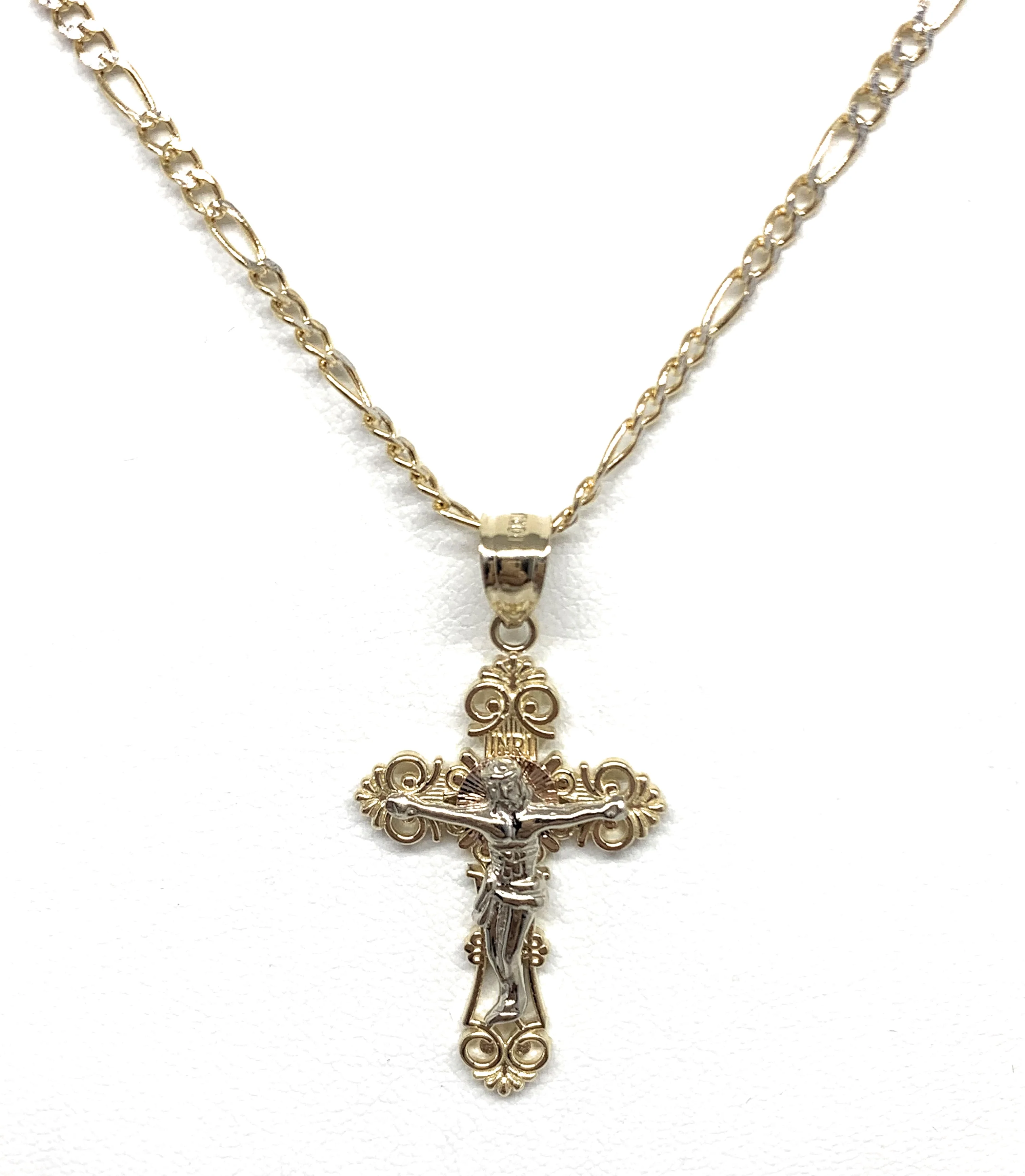 14k Solid Gold Yellow Classic 2-Tone Jesus Cross Crucifix Pendant Necklace (SM,MED,LG) - Image 4